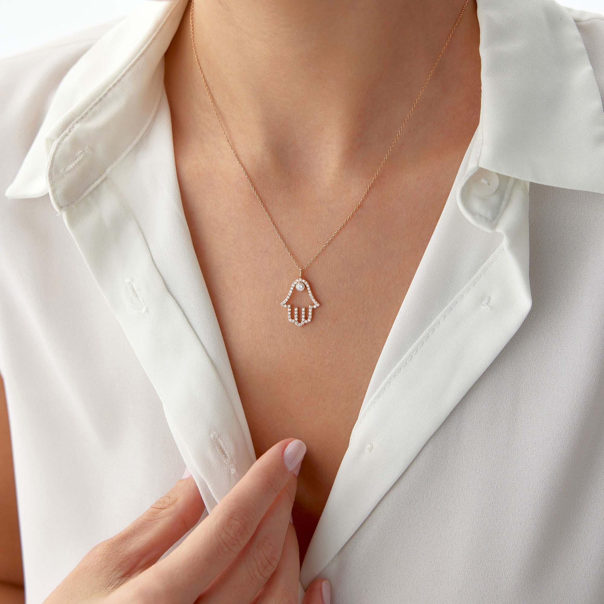 Diamond Hamsa Necklace in 14K Gold