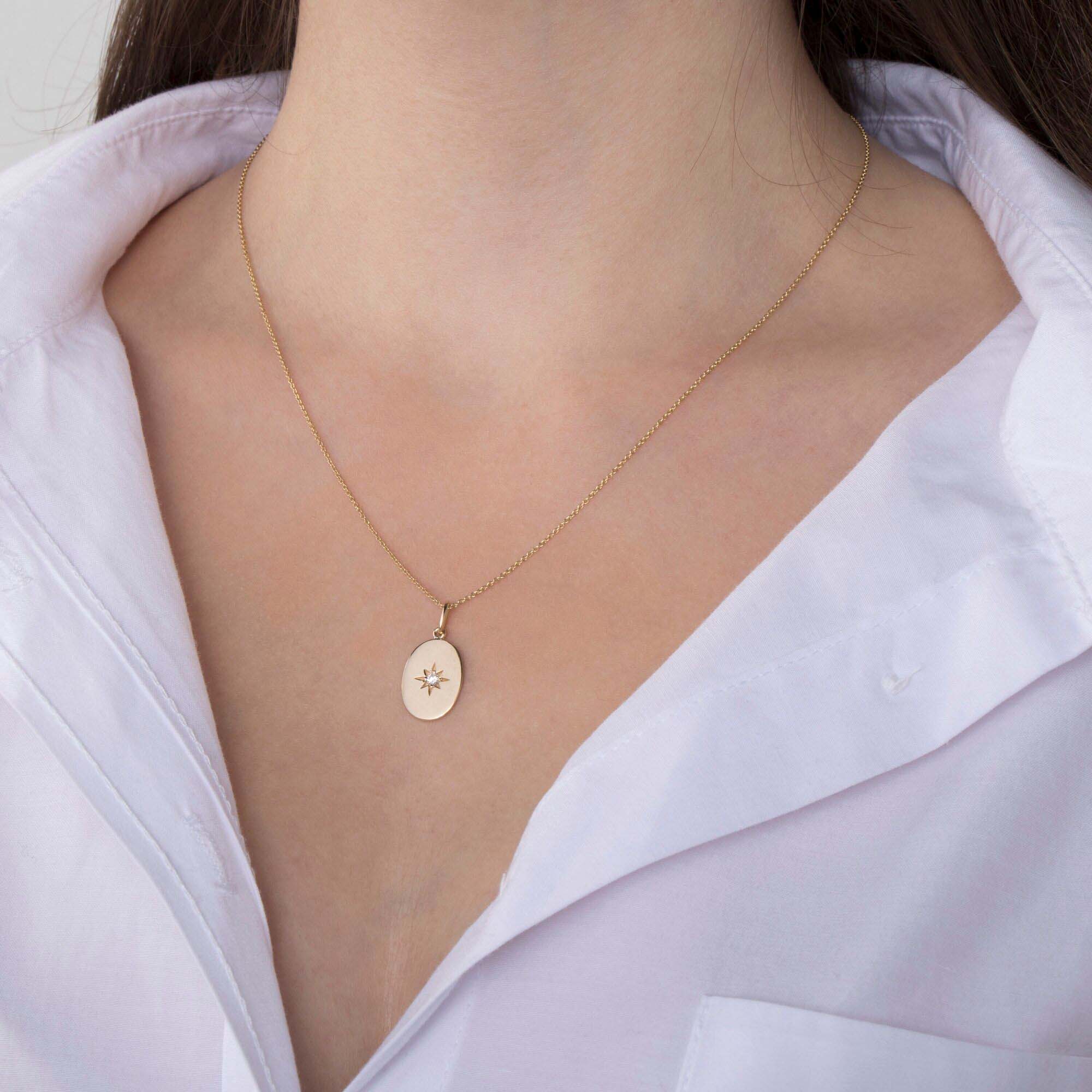 Diamond Oval North Star Pendant in 14K Gold
