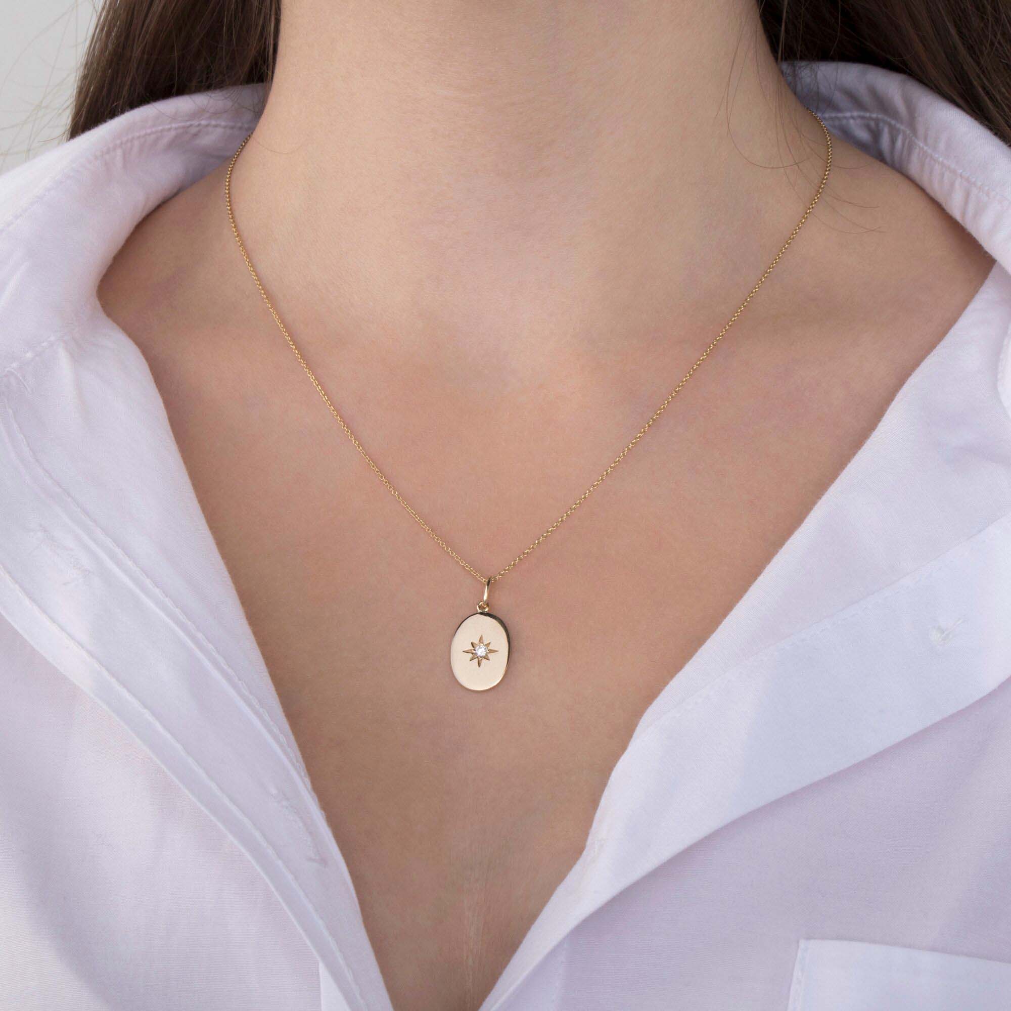 Diamond Oval North Star Pendant in 14K Gold