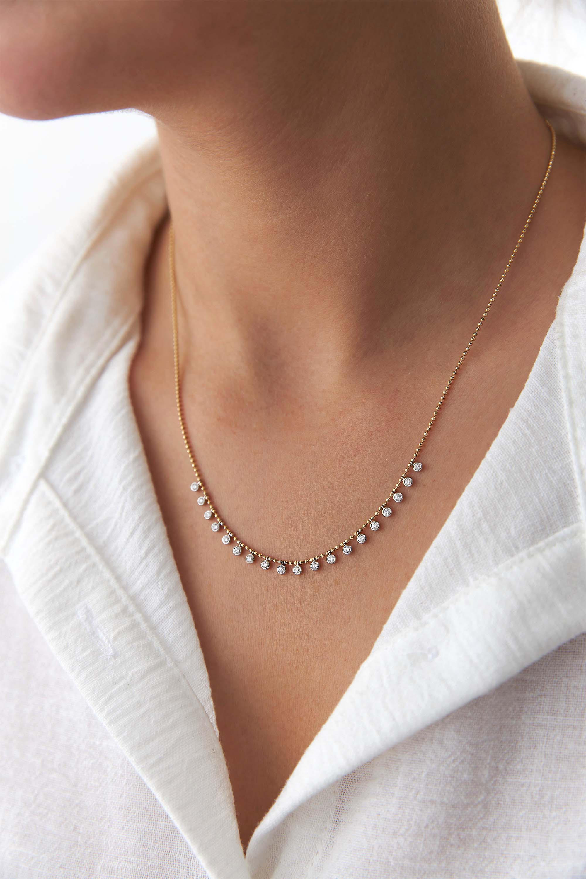 Minimal Diamond Station Necklace With Ball Chain in 14K Gold