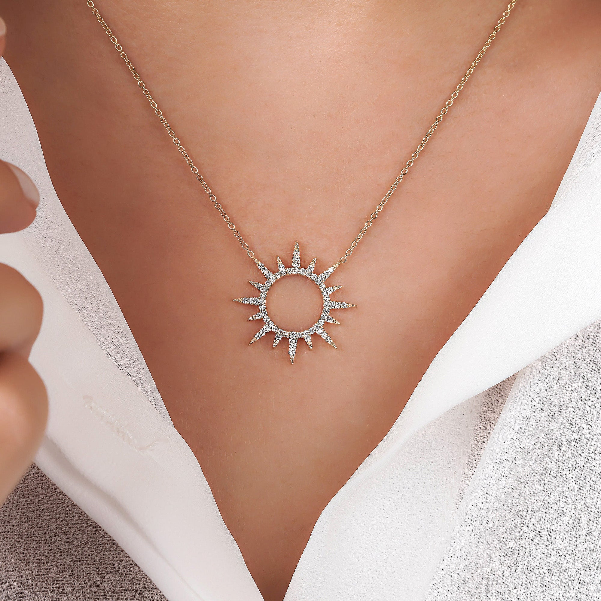 Diamond Sun Necklace Available in 14K and 18K Gold