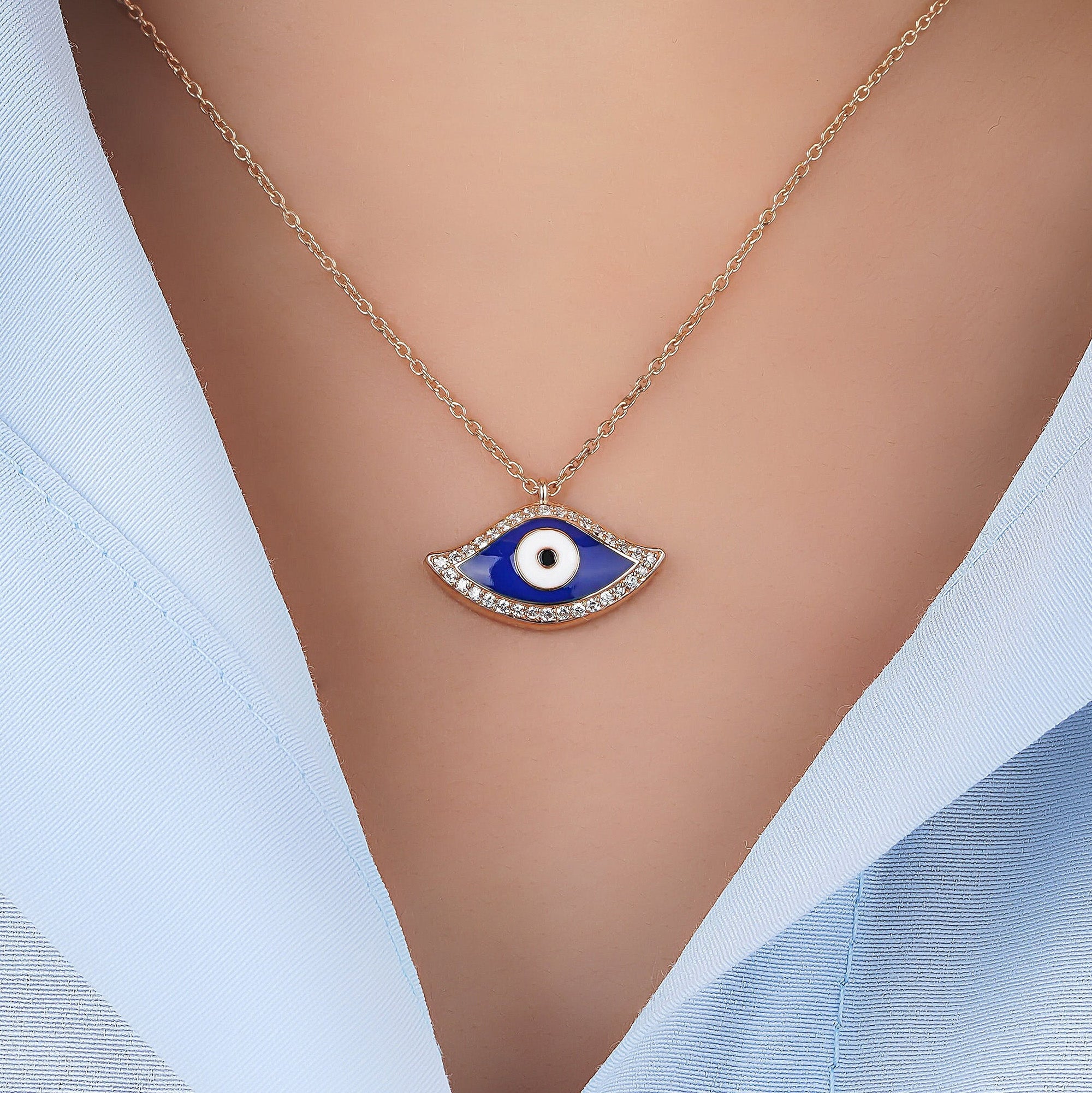 Traditional Diamond Evil Eye Necklace Available in 14K and 18K Gold