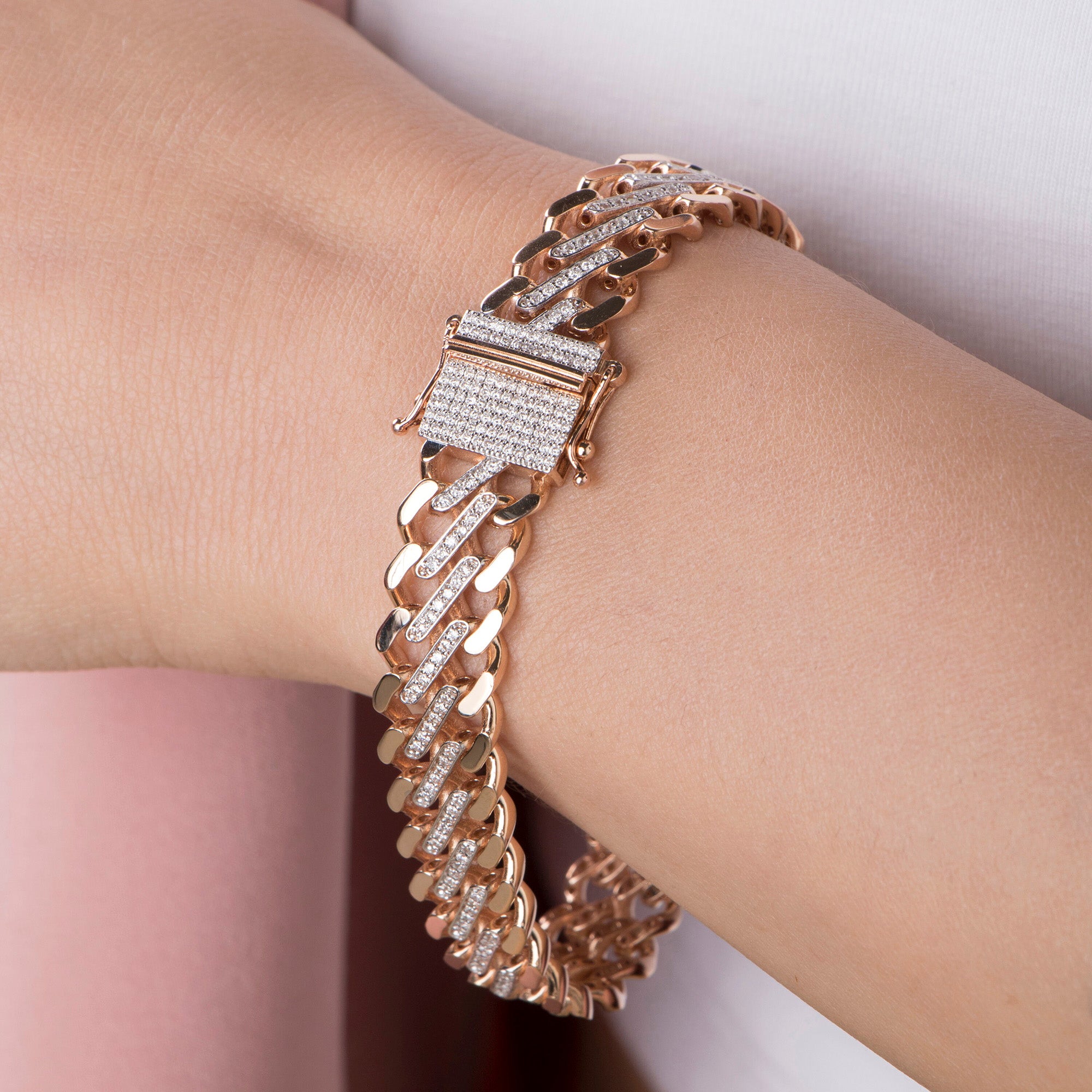 Pave Diamond Link Chain Bracelet in 14K Gold / Modernized Cuban
