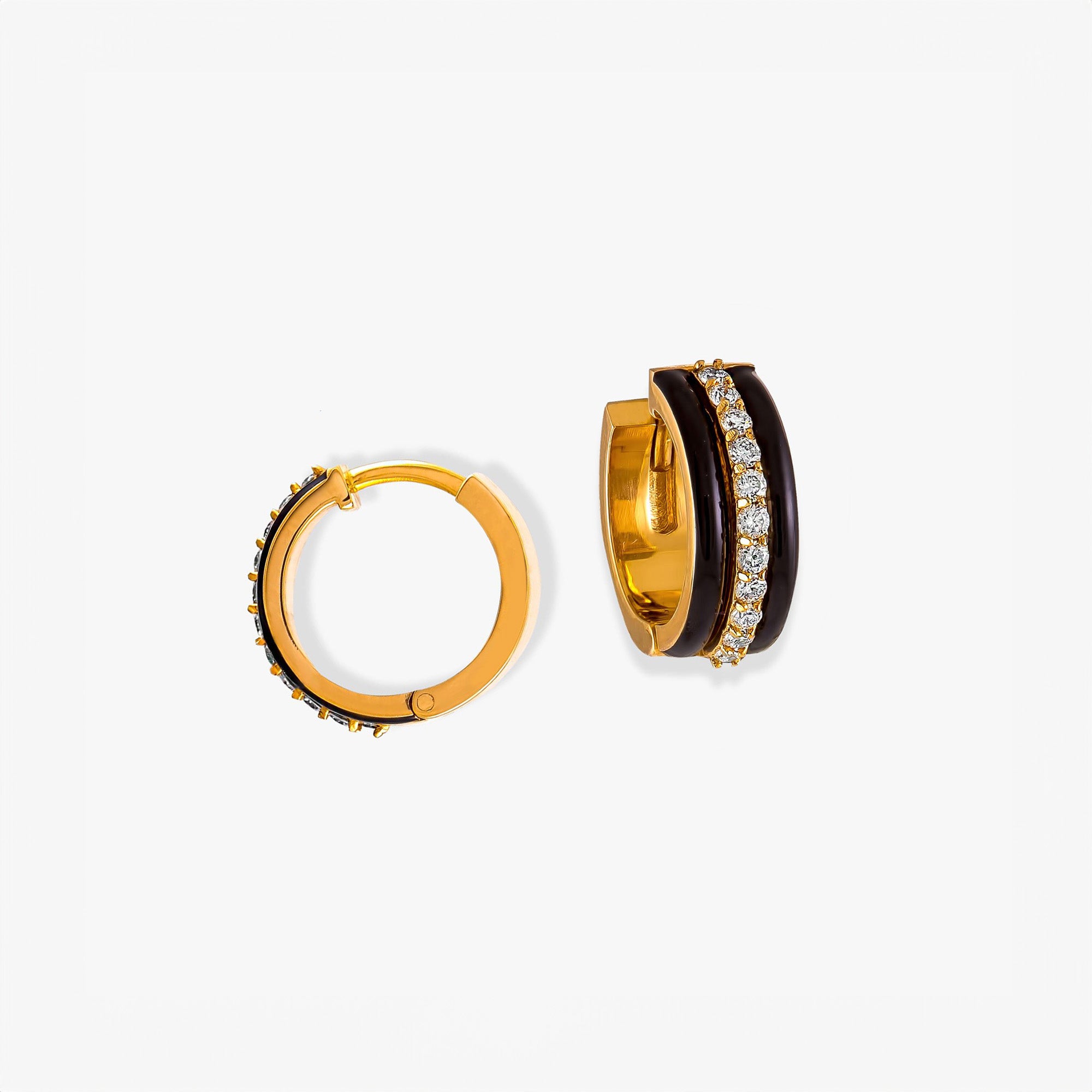 Diamond Black Enamel Hoops in 14K Gold / Chocolate Cake