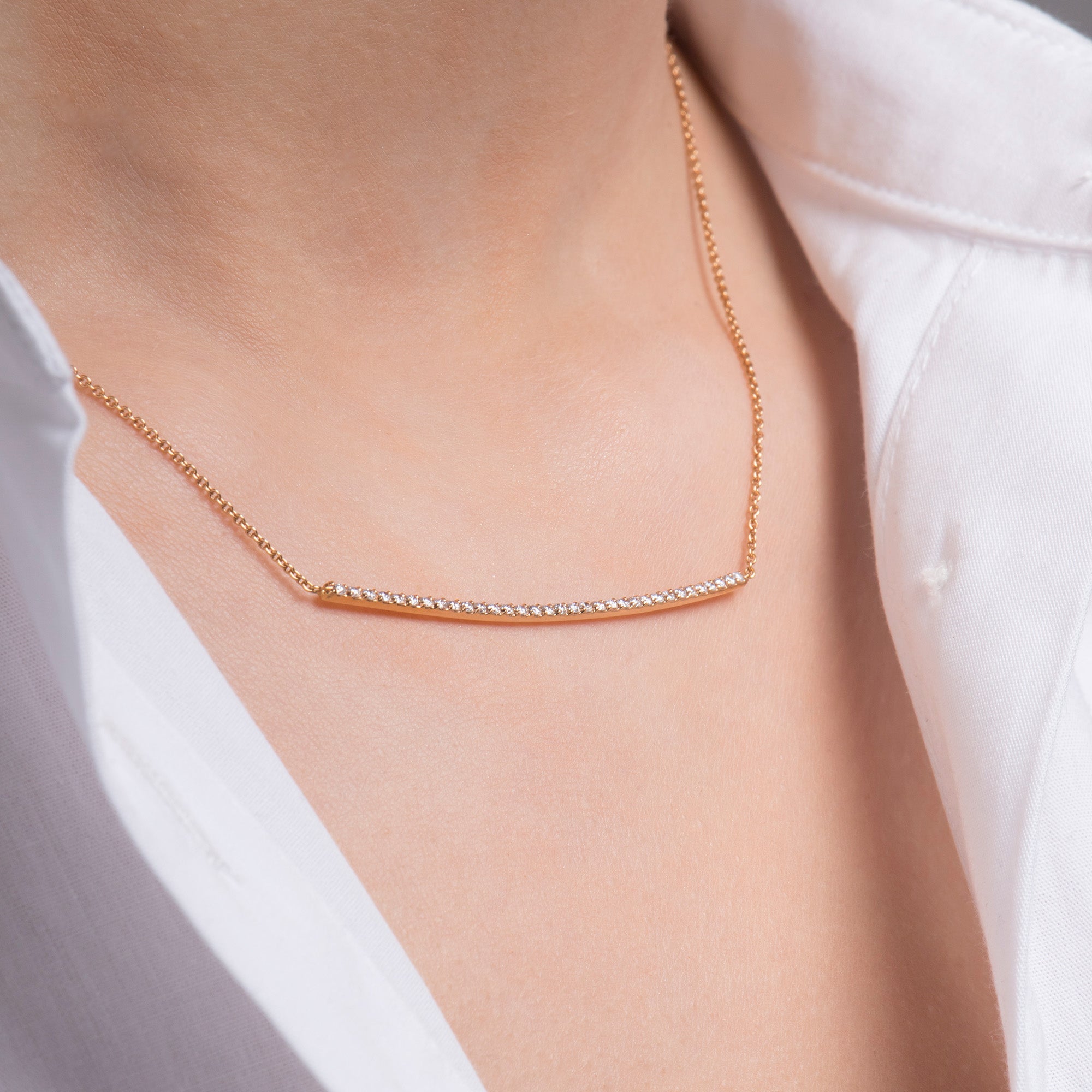 Diamond Long Curved Bar Necklace in 18K Gold
