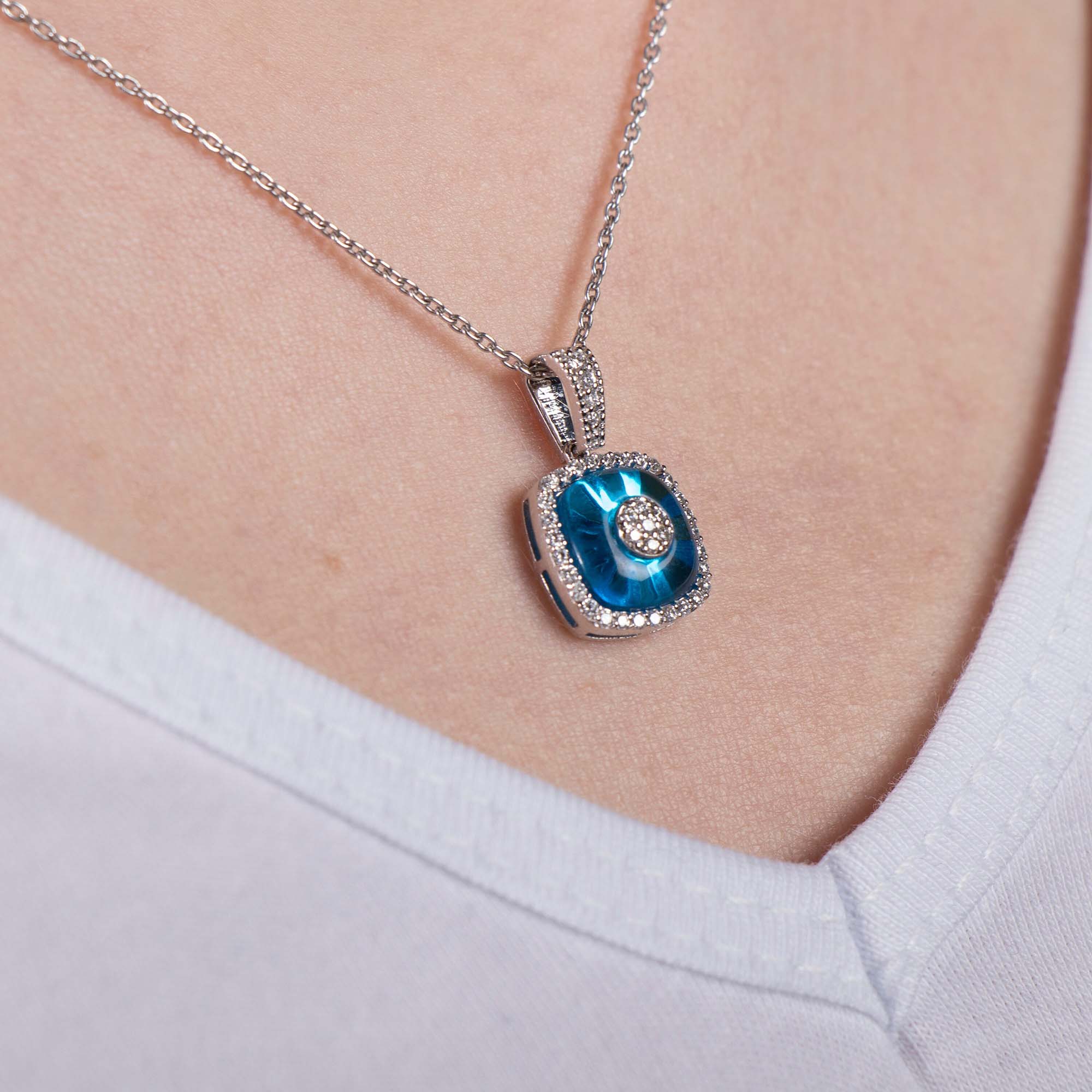 Minimal Diamond Square Evil Eye Necklace in 14K Gold