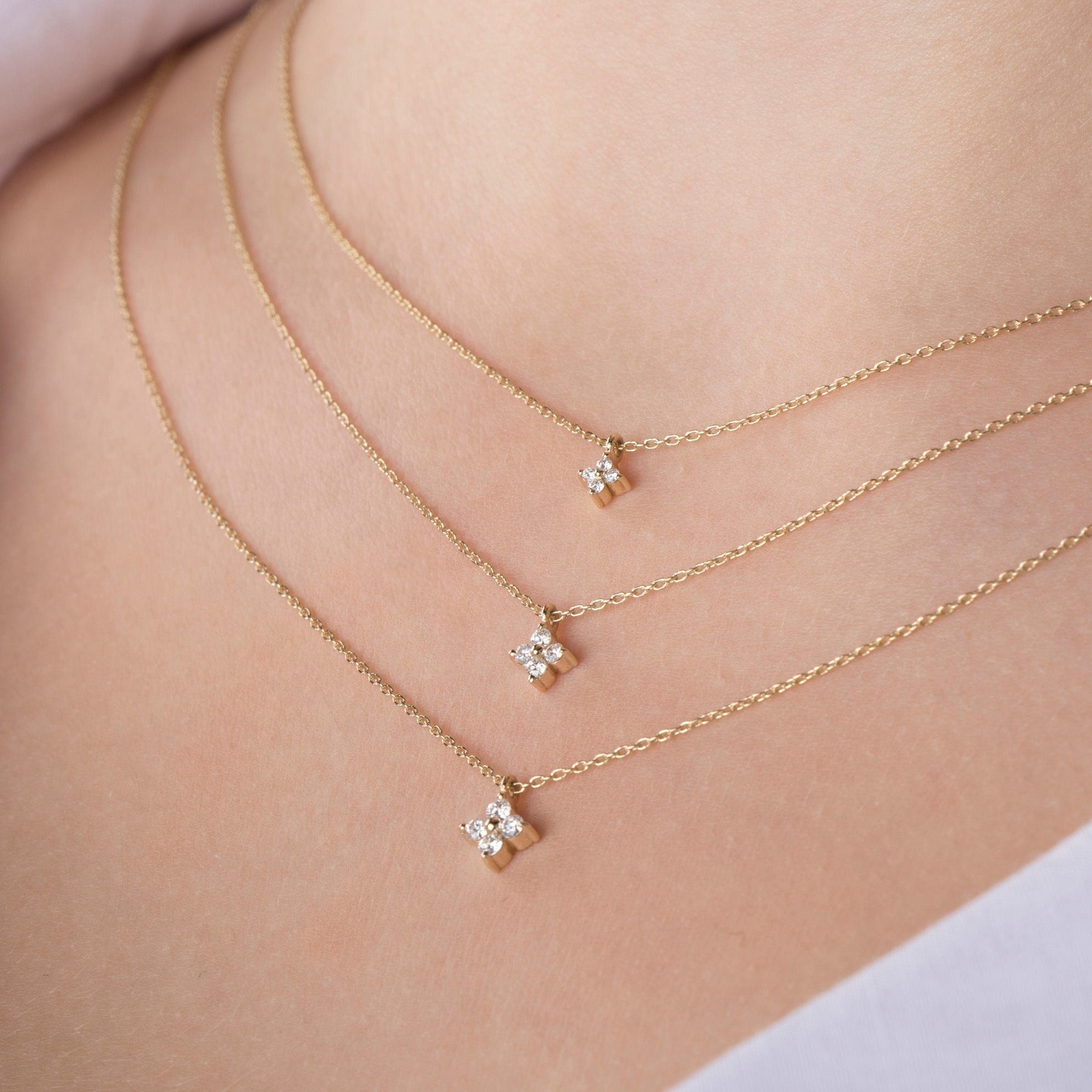 Minimal Diamond Clover Necklace in 14K Gold