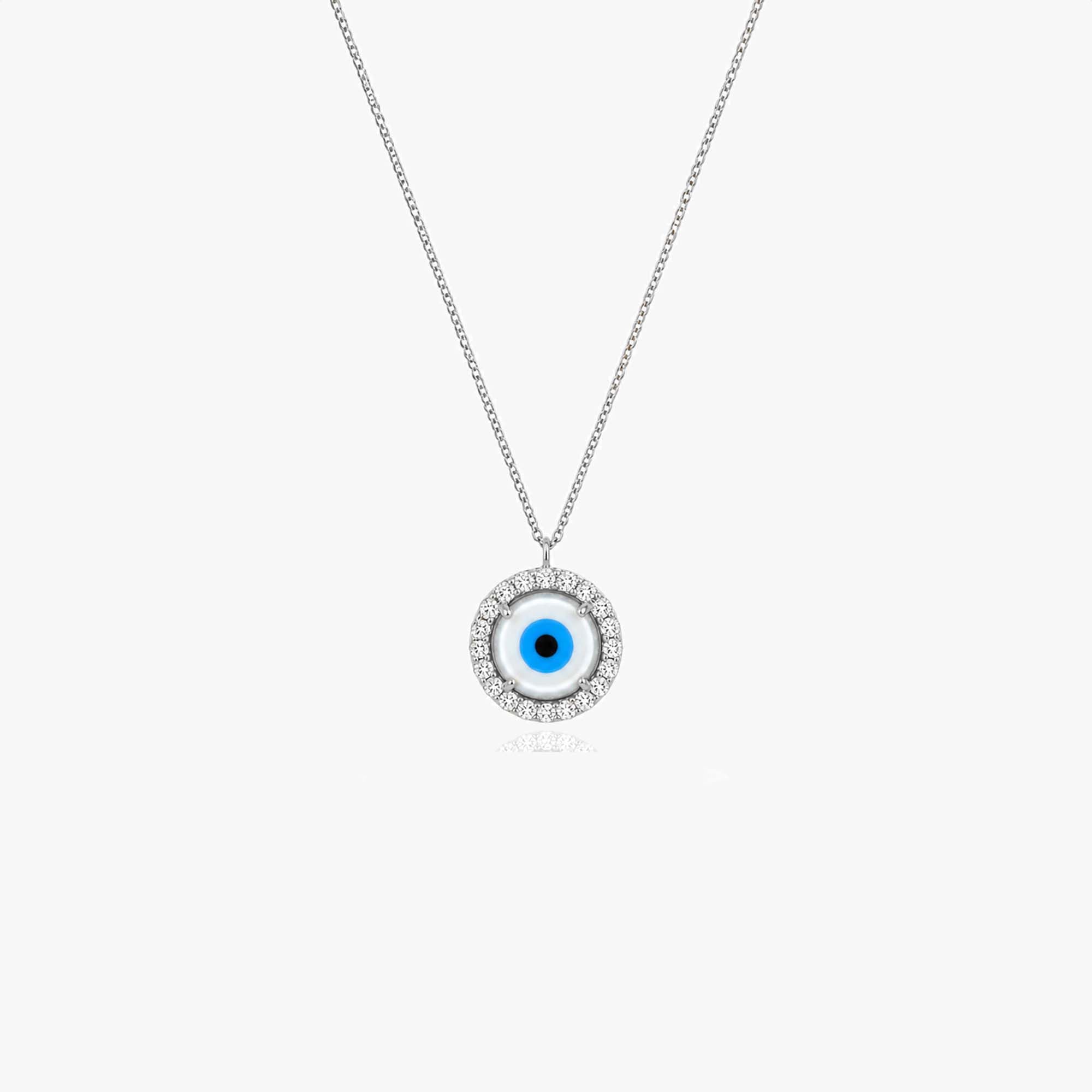 Mini Diamond and Mother of Pearl Evil Eye Necklace 14K Gold