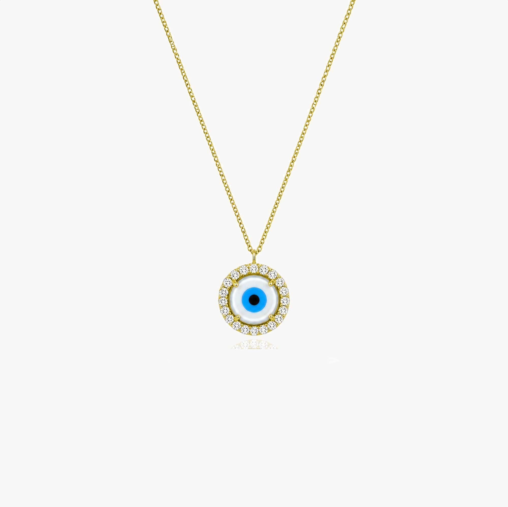 Mini Diamond and Mother of Pearl Evil Eye Necklace 14K Gold