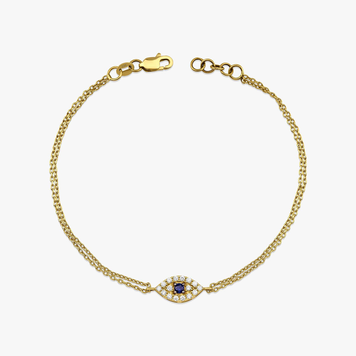 Double Chain Blue Sapphire and Diamond Evil Eye Bracelet in 14K Gold