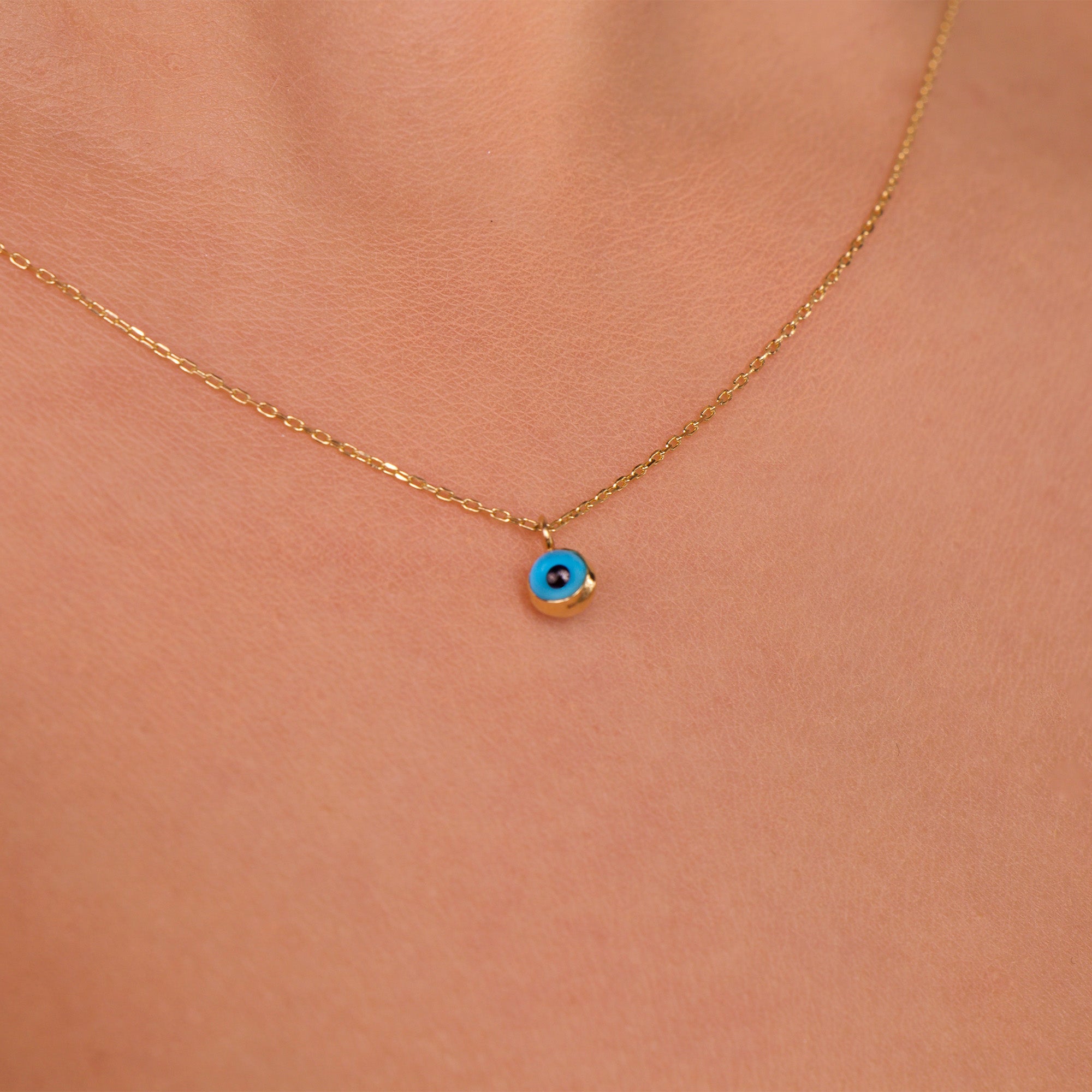 Minimal Blue Evil Eye Necklace in 14K Gold