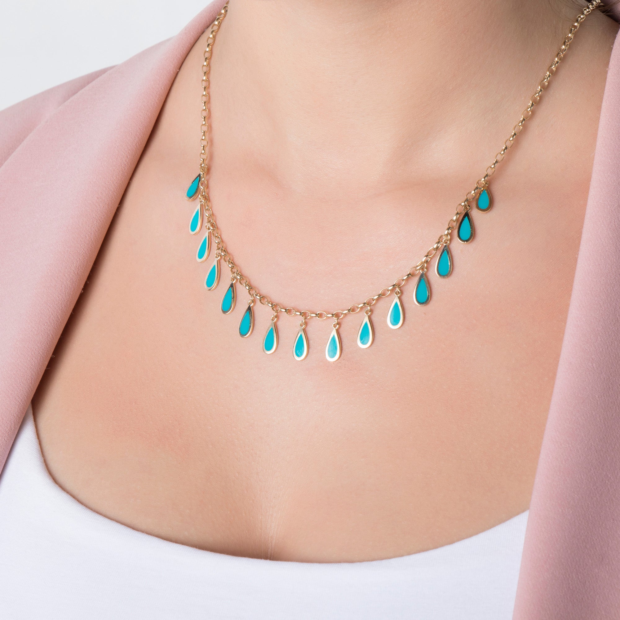 Turquoise Raindrop Station Necklace in 14K Gold