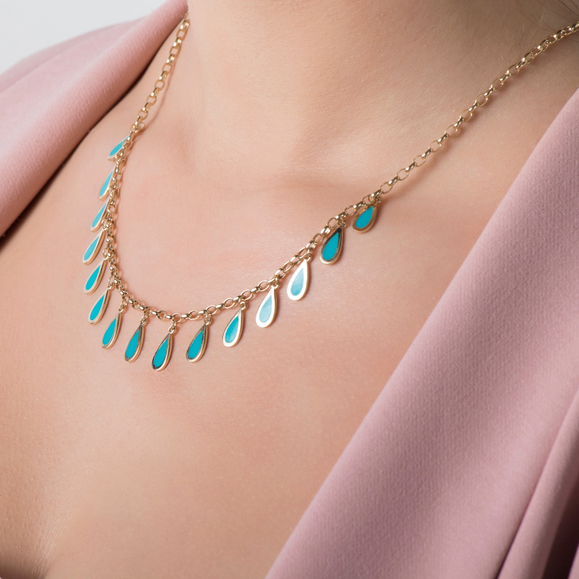 Turquoise Raindrop Station Necklace in 14K Gold