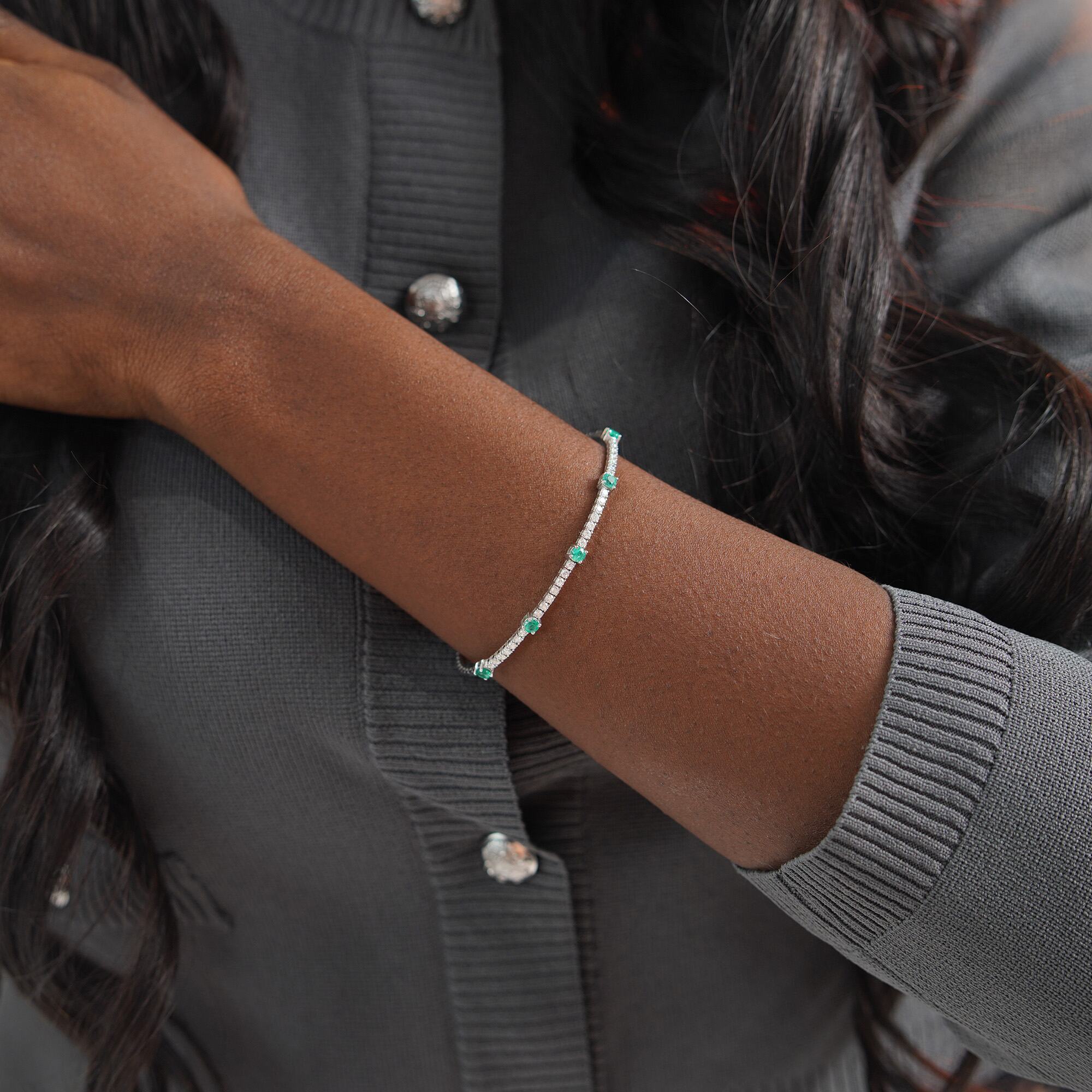 Emerald And Diamond Bangle in 14K Gold