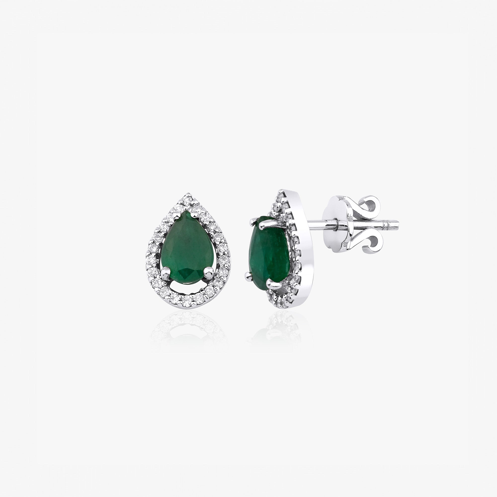 Large Pear Cut Emerald and Diamond Earring in 14K Gold / Green Pair