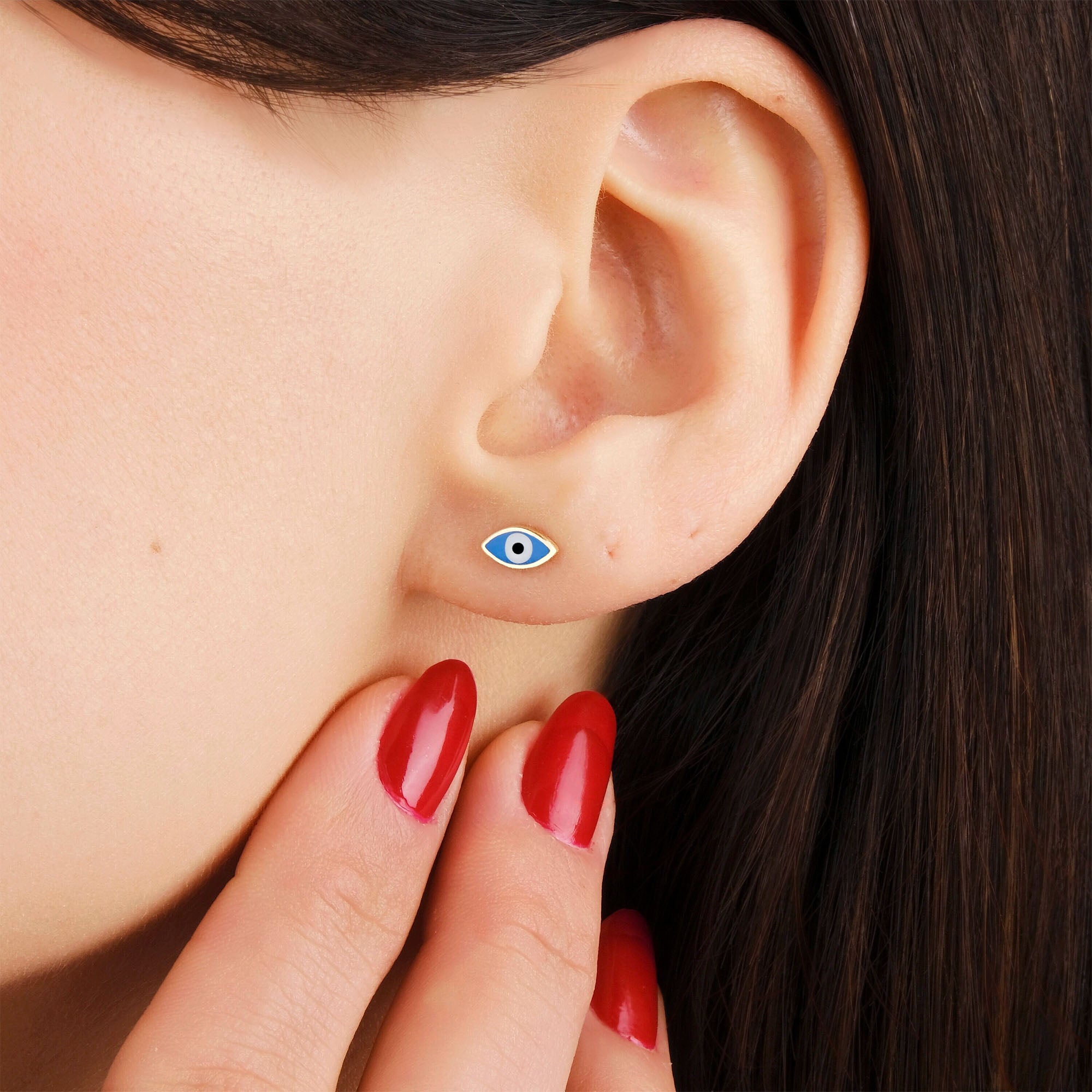 Single Mini Ocean Blue Evil Eye Stud Earring In 14K Gold