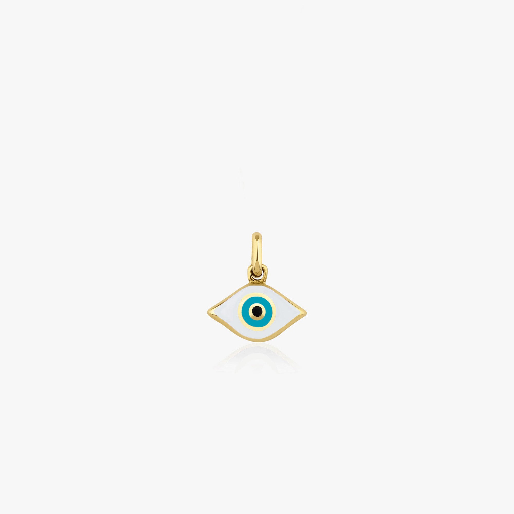 A 14K gold Greek eye pendant with a white and blue enamel design on a plain background.