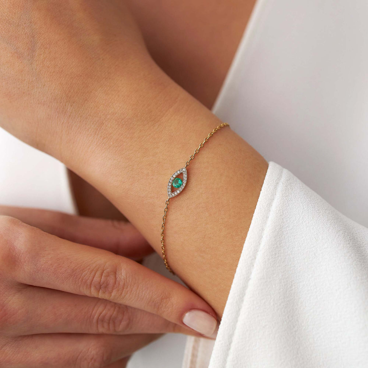 Emerald and Diamond Evil Eye Bracelet in 14K Gold