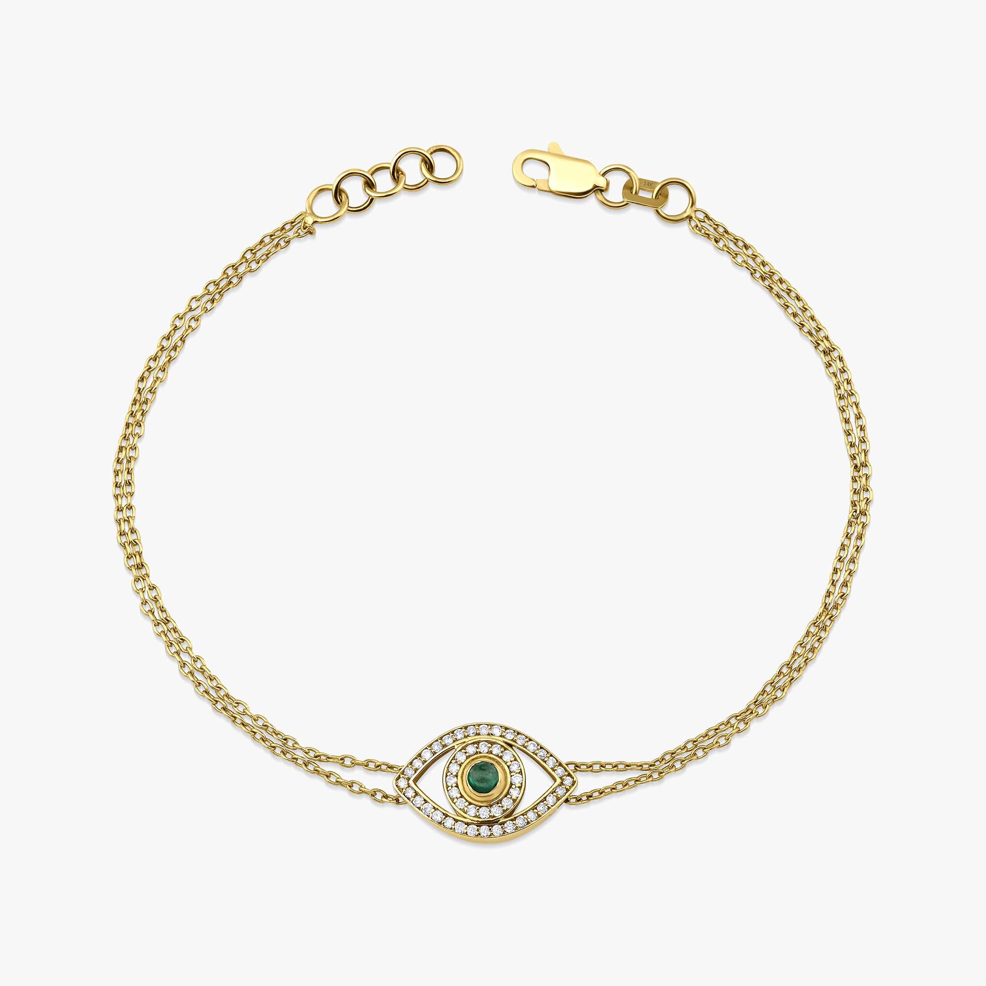 Emerald and Diamond Evil Eye Bracelet in 14K Gold