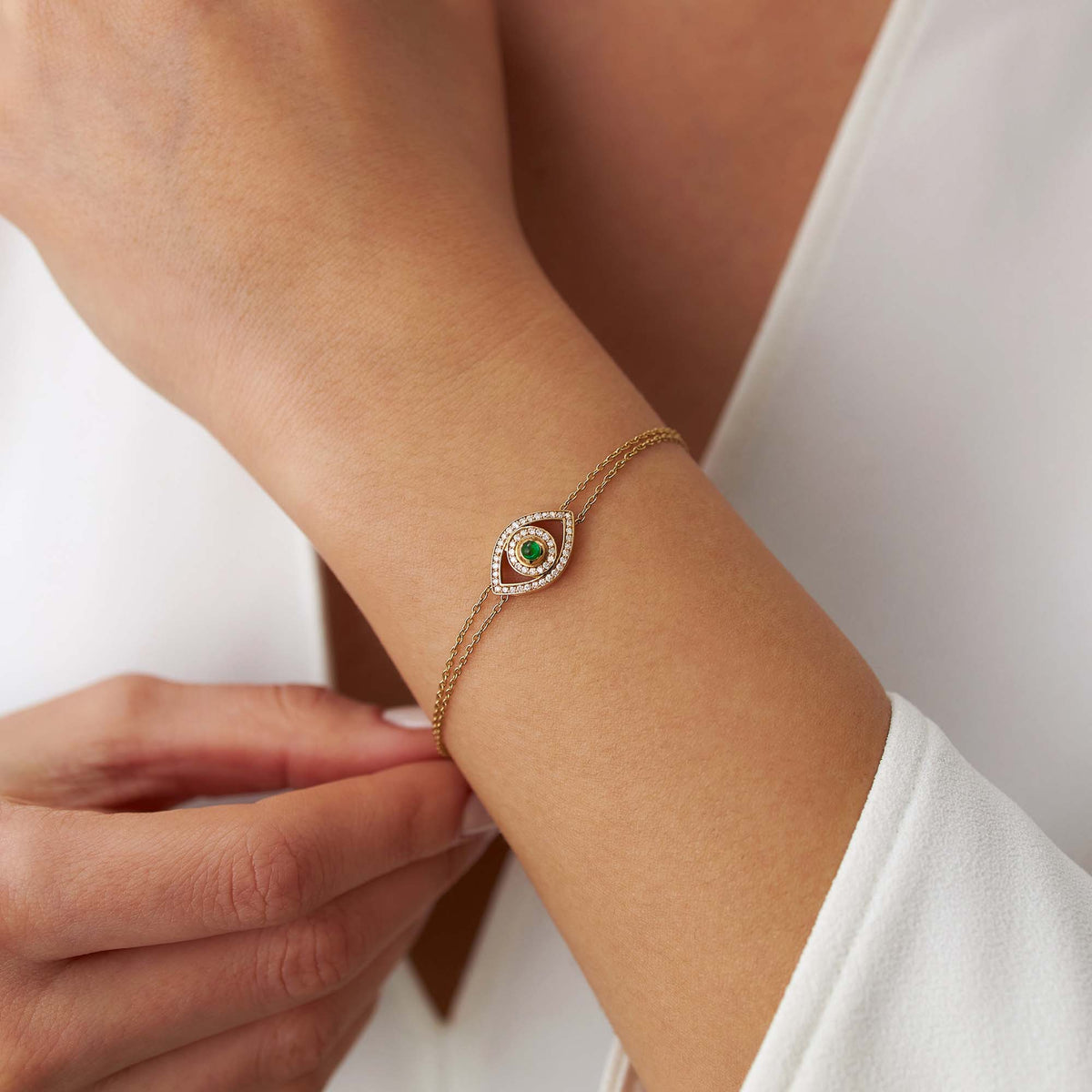 Emerald and Diamond Evil Eye Bracelet in 14K Gold