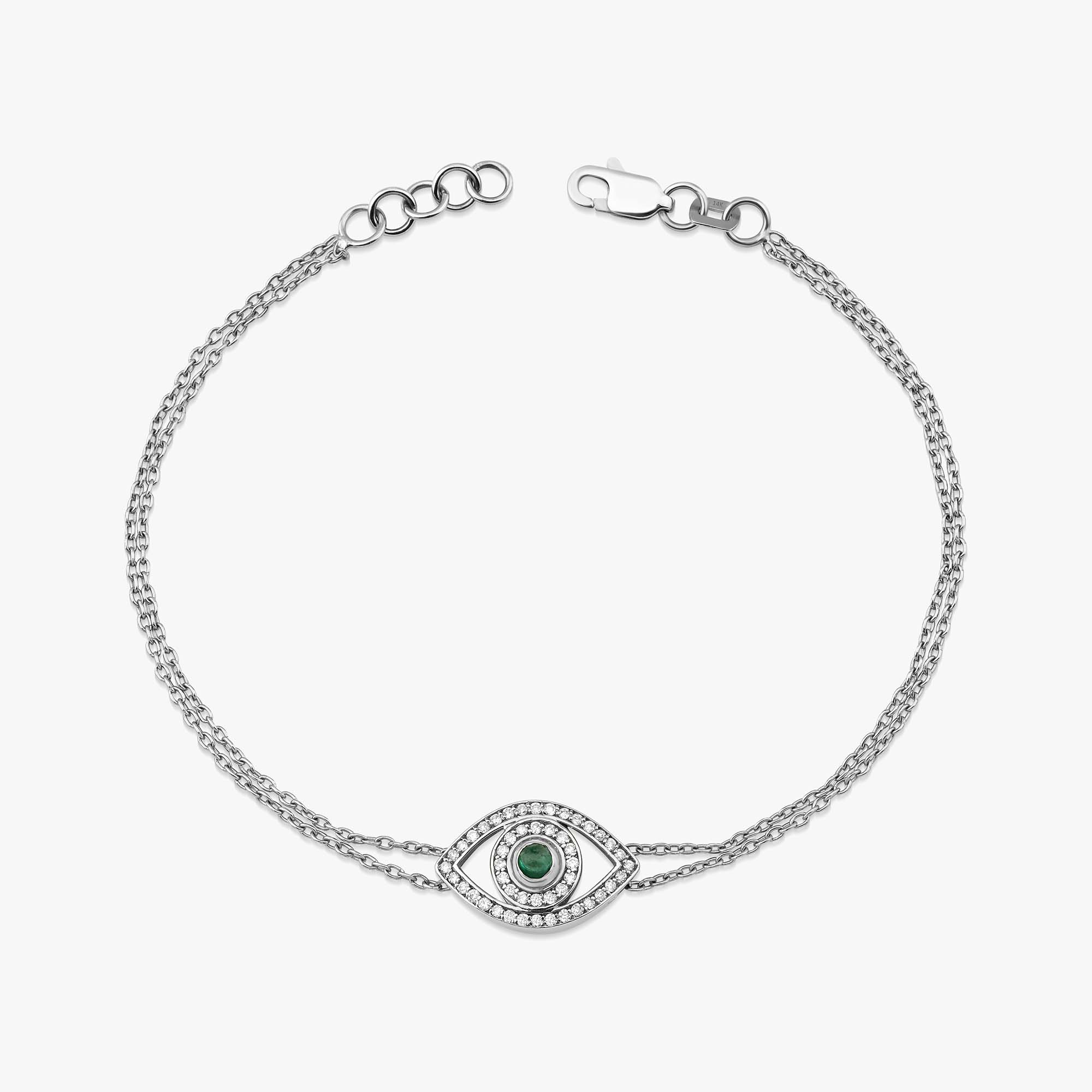 Emerald and Diamond Evil Eye Bracelet in 14K Gold