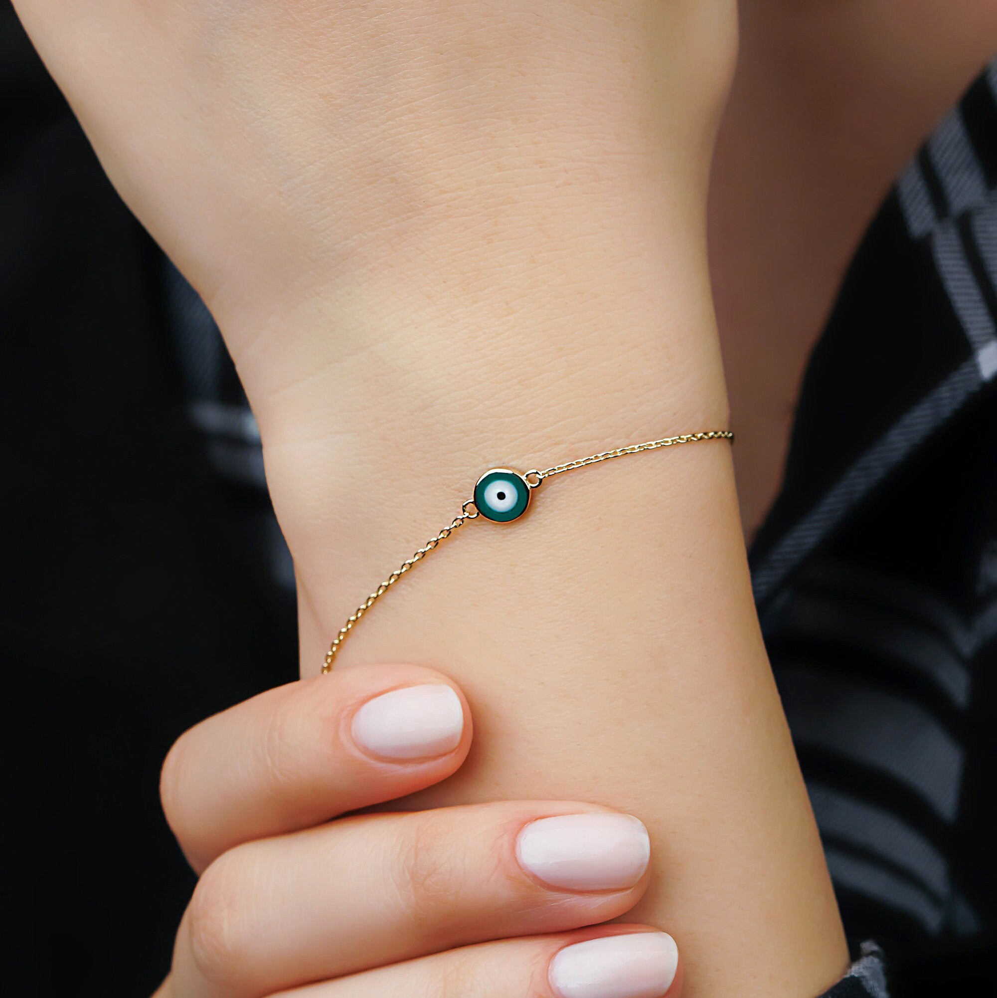 Emerald Green Evil Eye Bracelet in 14K Gold