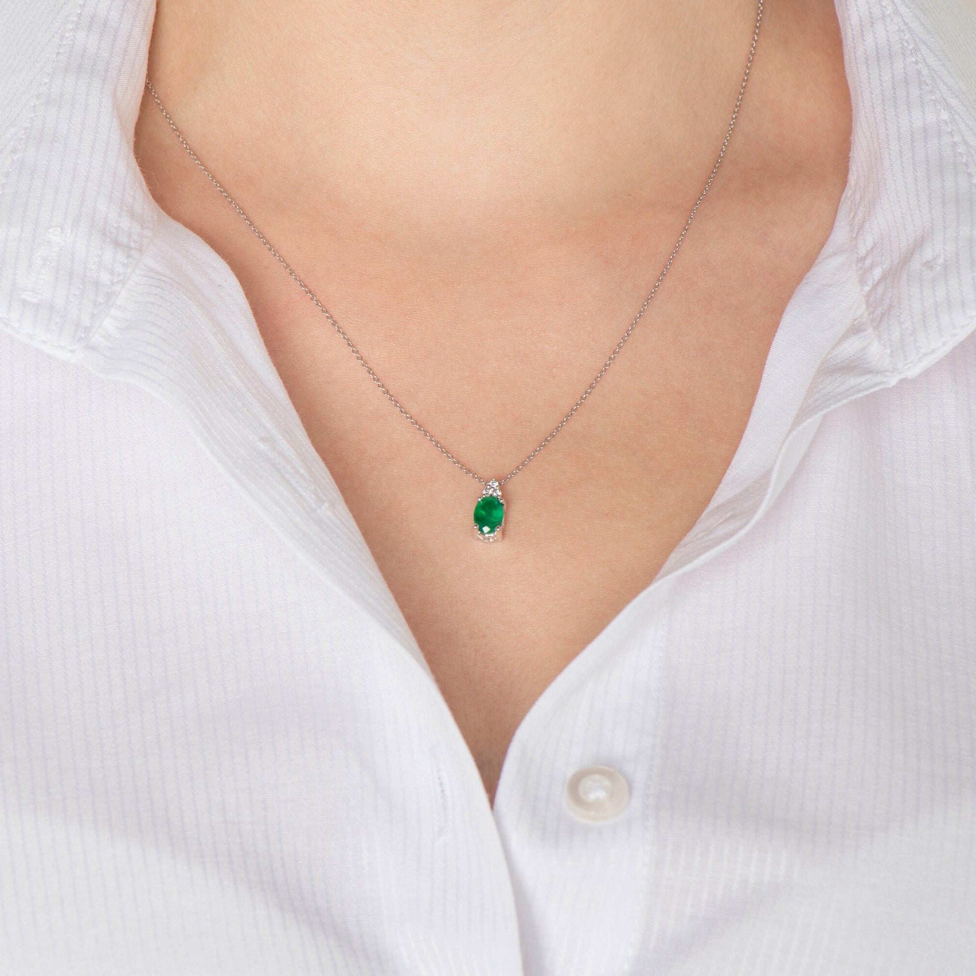 Oval Cut Emerald and Diamond Necklace in 14K Gold