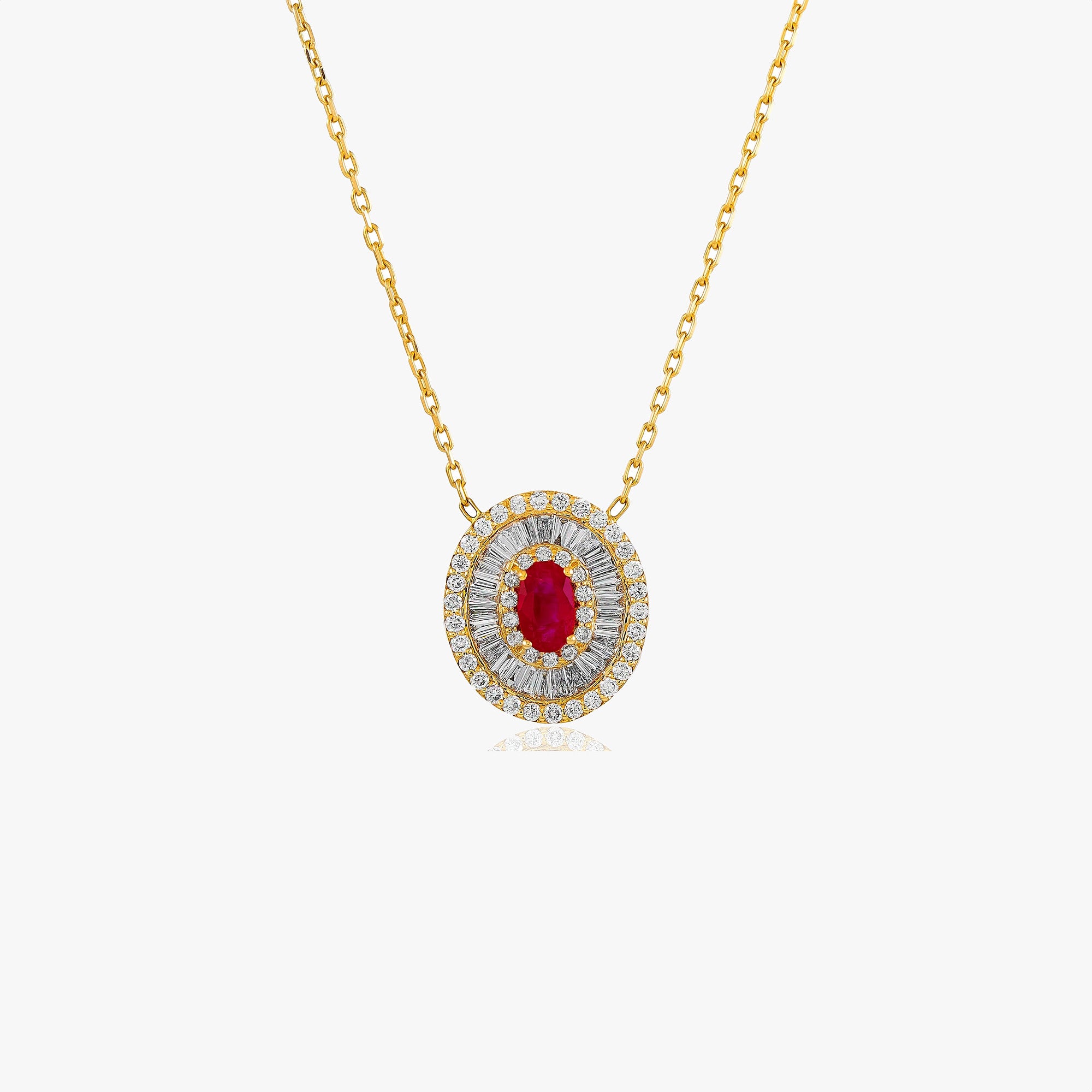 Eternal Ruby Necklace with Baguette and Round Cut Diamonds in 18K Gold