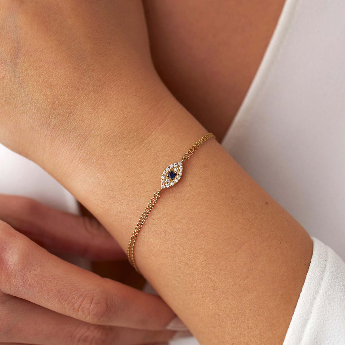 Double Chain Blue Sapphire and Diamond Evil Eye Bracelet in 14K Gold