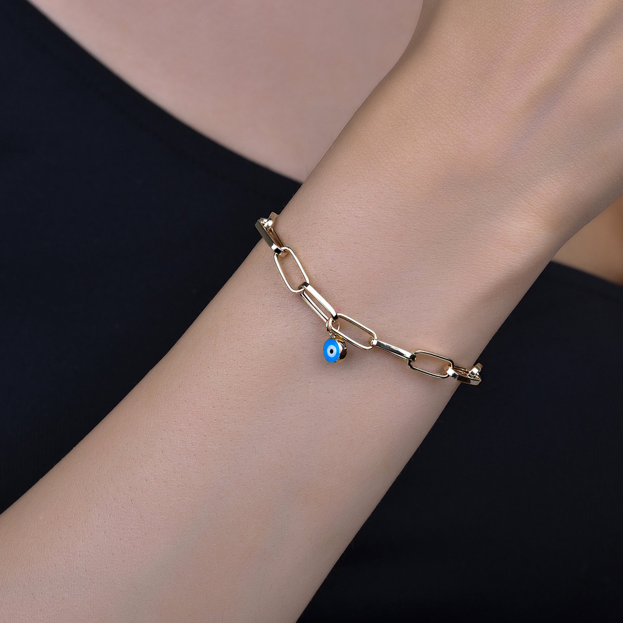 Evil Eye Charm Paperclip Chain Bracelet in 14K Gold