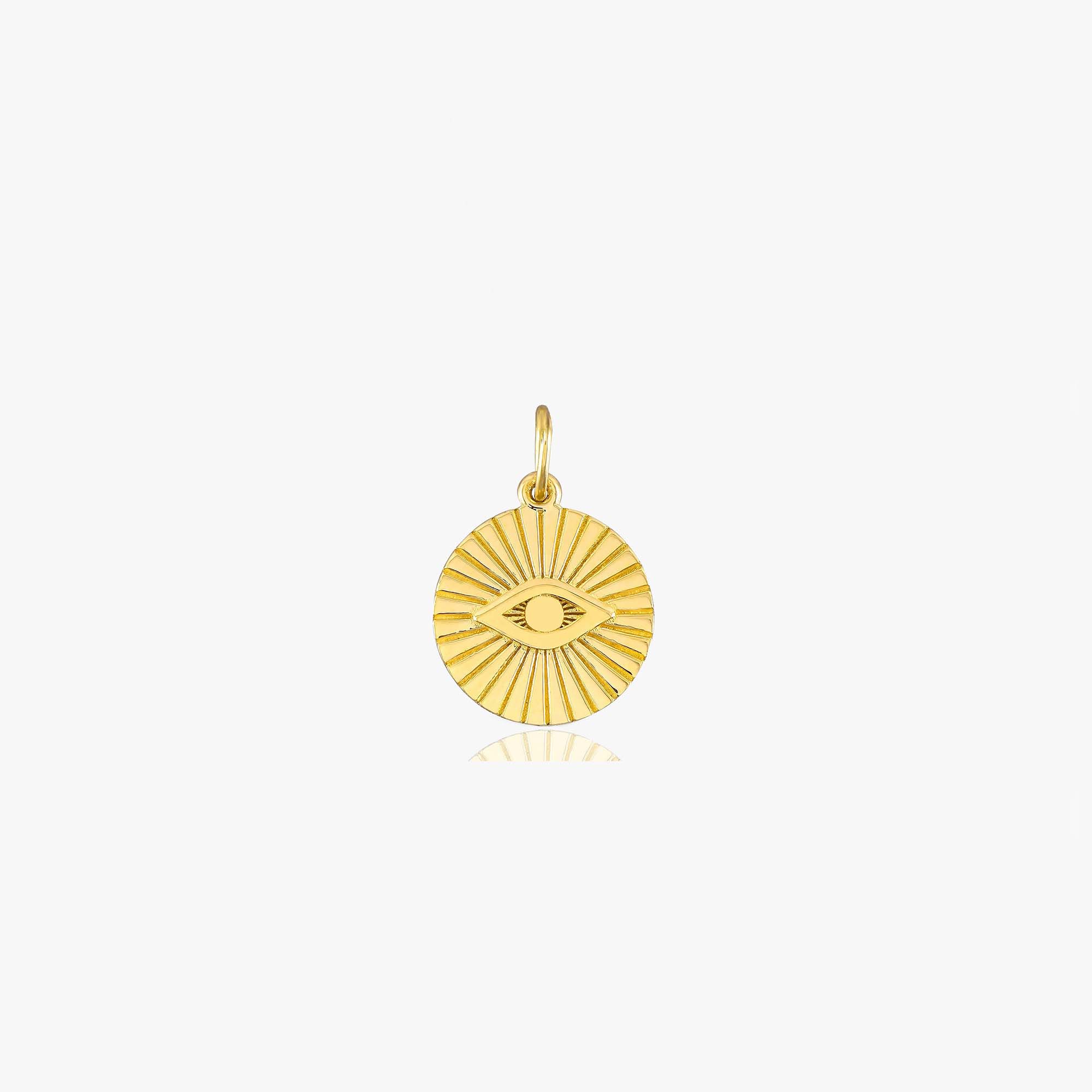 A 14k yellow gold evil eye coin pendant shown on a white background.