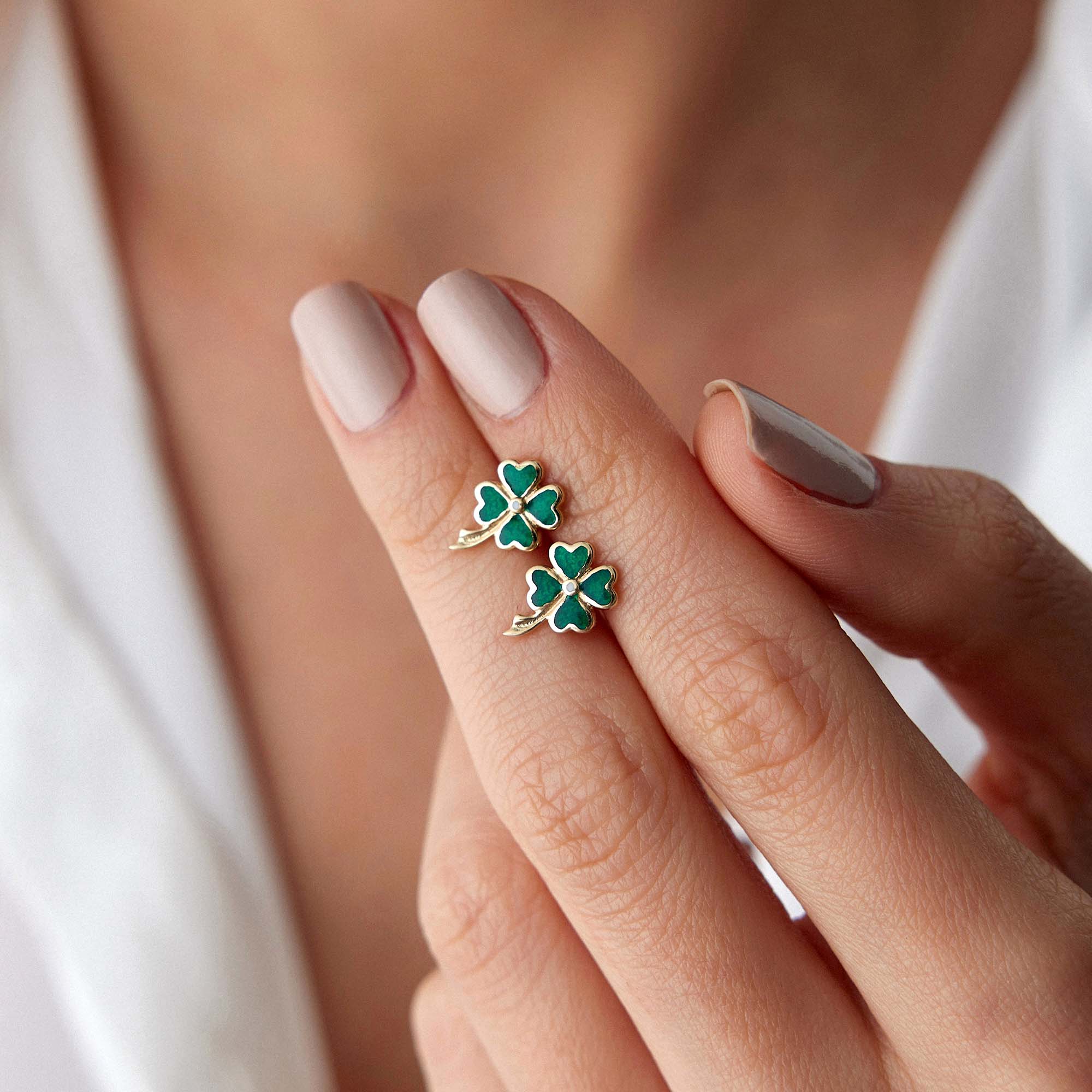 Green Four Leaf Clover Studs in 14K Gold