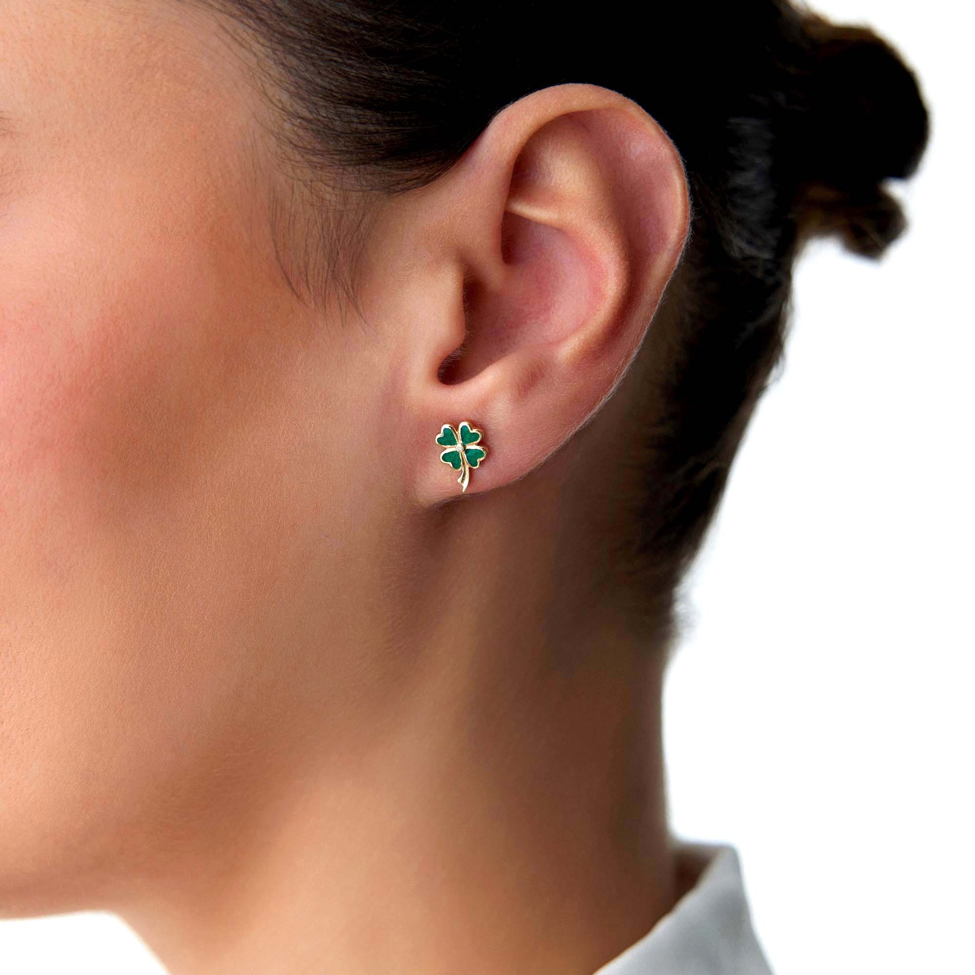 Green Four Leaf Clover Studs in 14K Gold