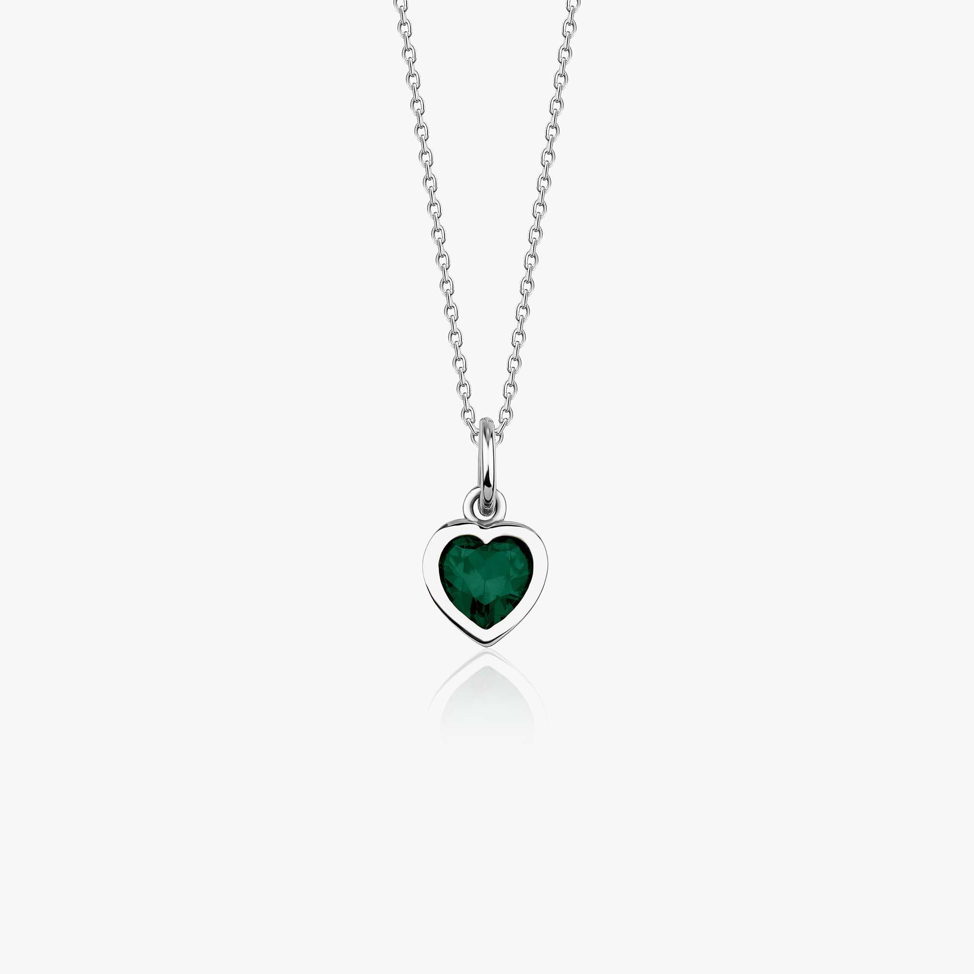 A 14k white gold heart necklace with a green heart cut cubic zirconia center shown on a white background.
