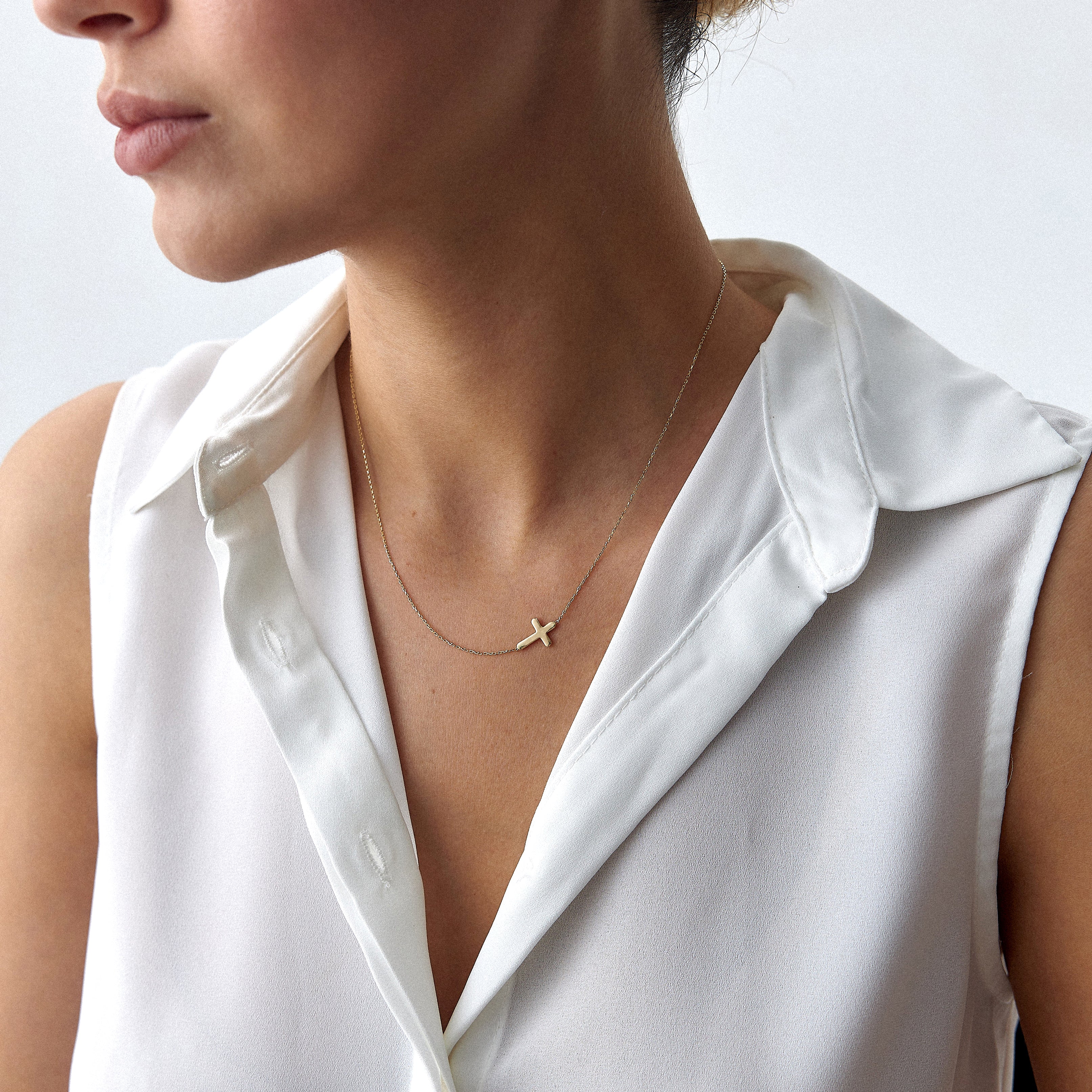 Sideways Cross Necklace in 14K Gold