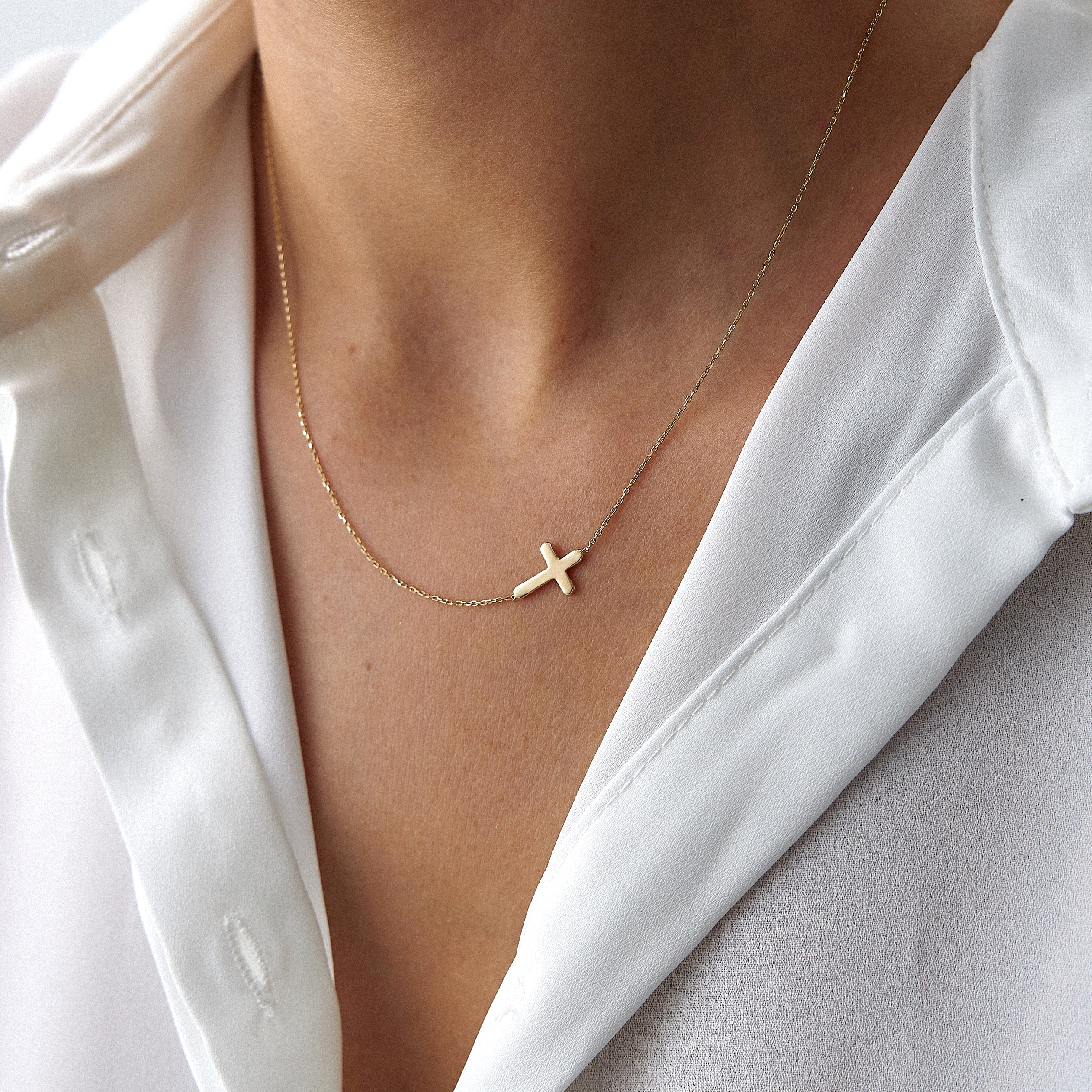 Sideways Cross Necklace in 14K Gold