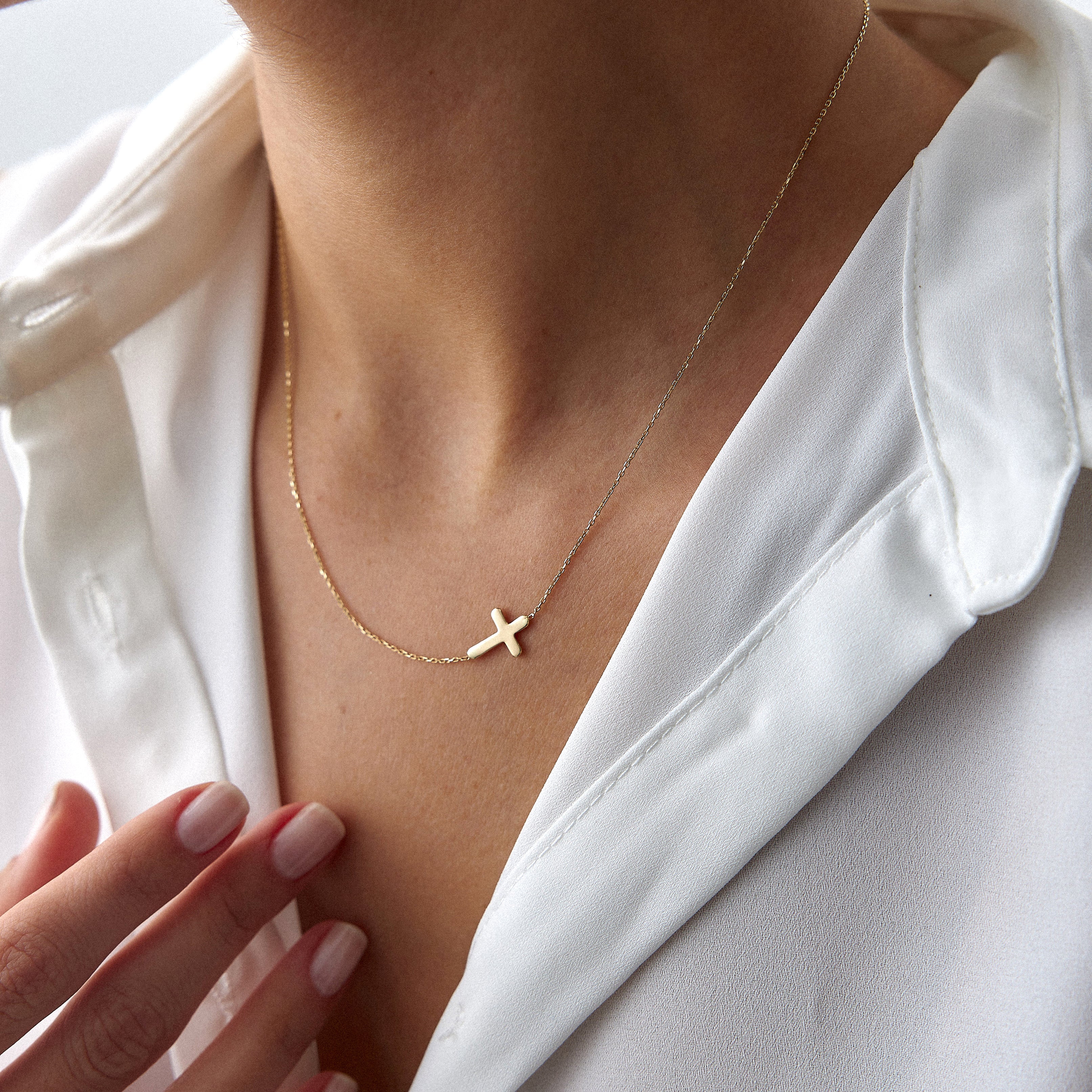 Sideways Cross Necklace in 14K Gold