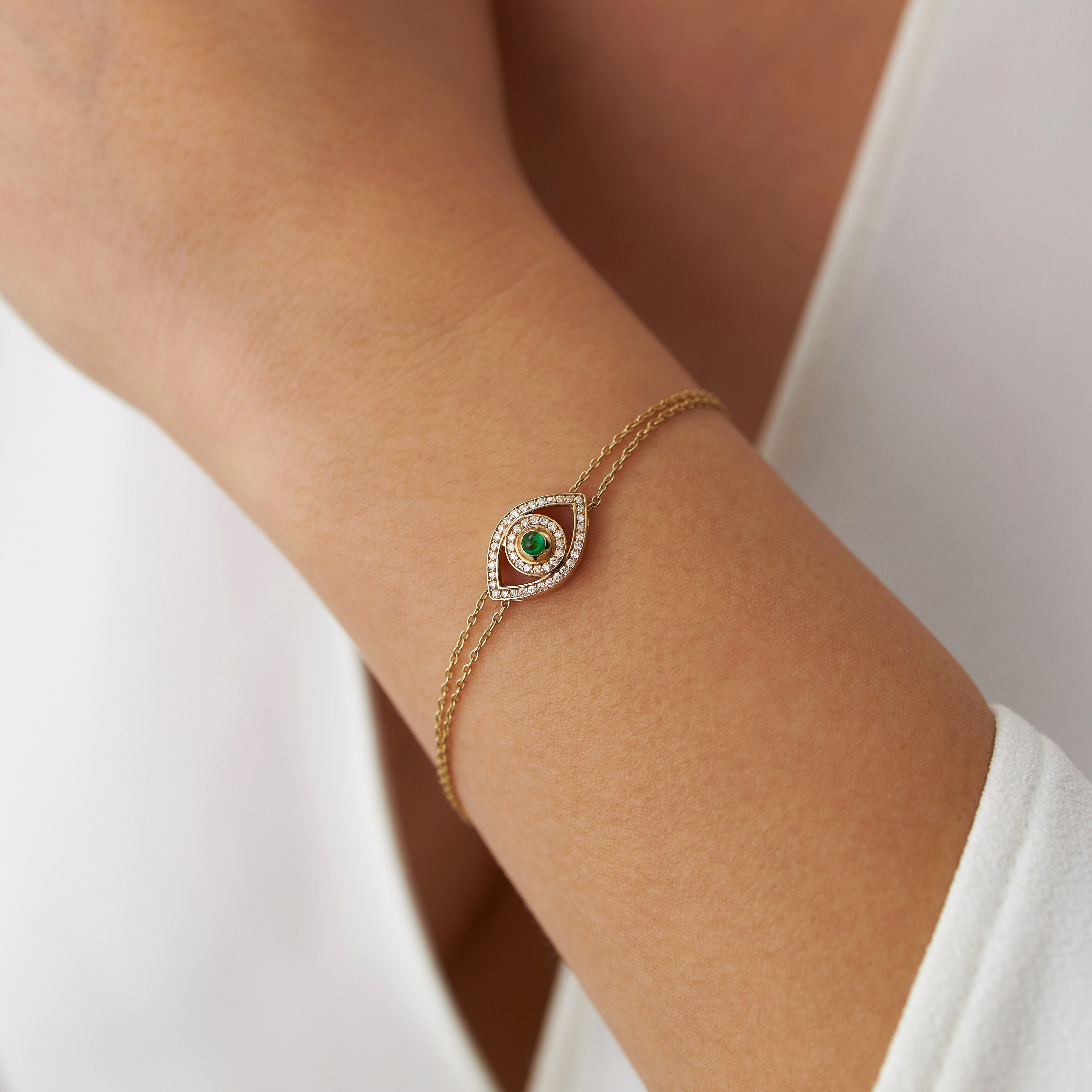 Emerald and Diamond Evil Eye Bracelet Available in 14K and 18K Gold