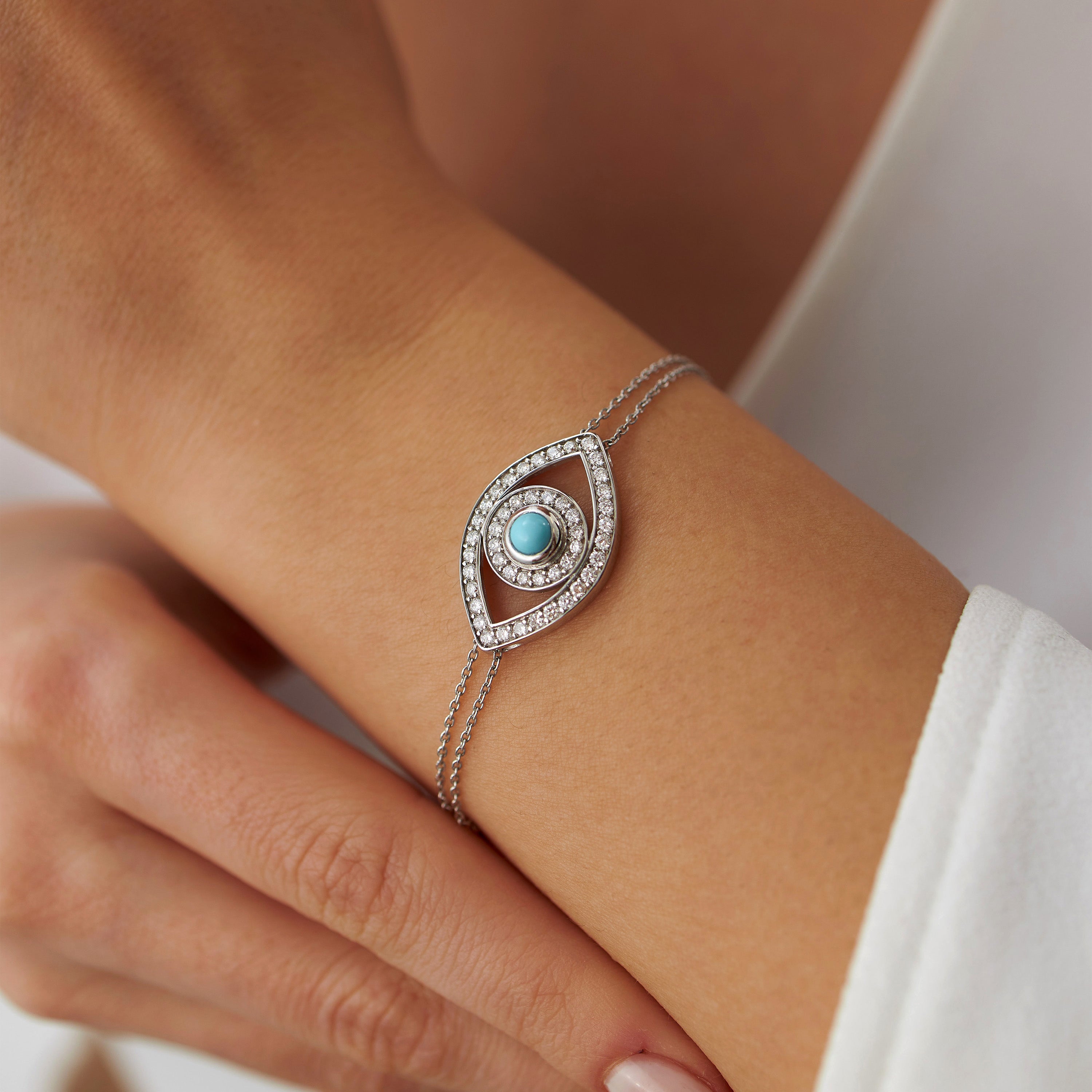 Turquoise and Diamond Evil Eye Bracelet Available in 14K and 18K Gold