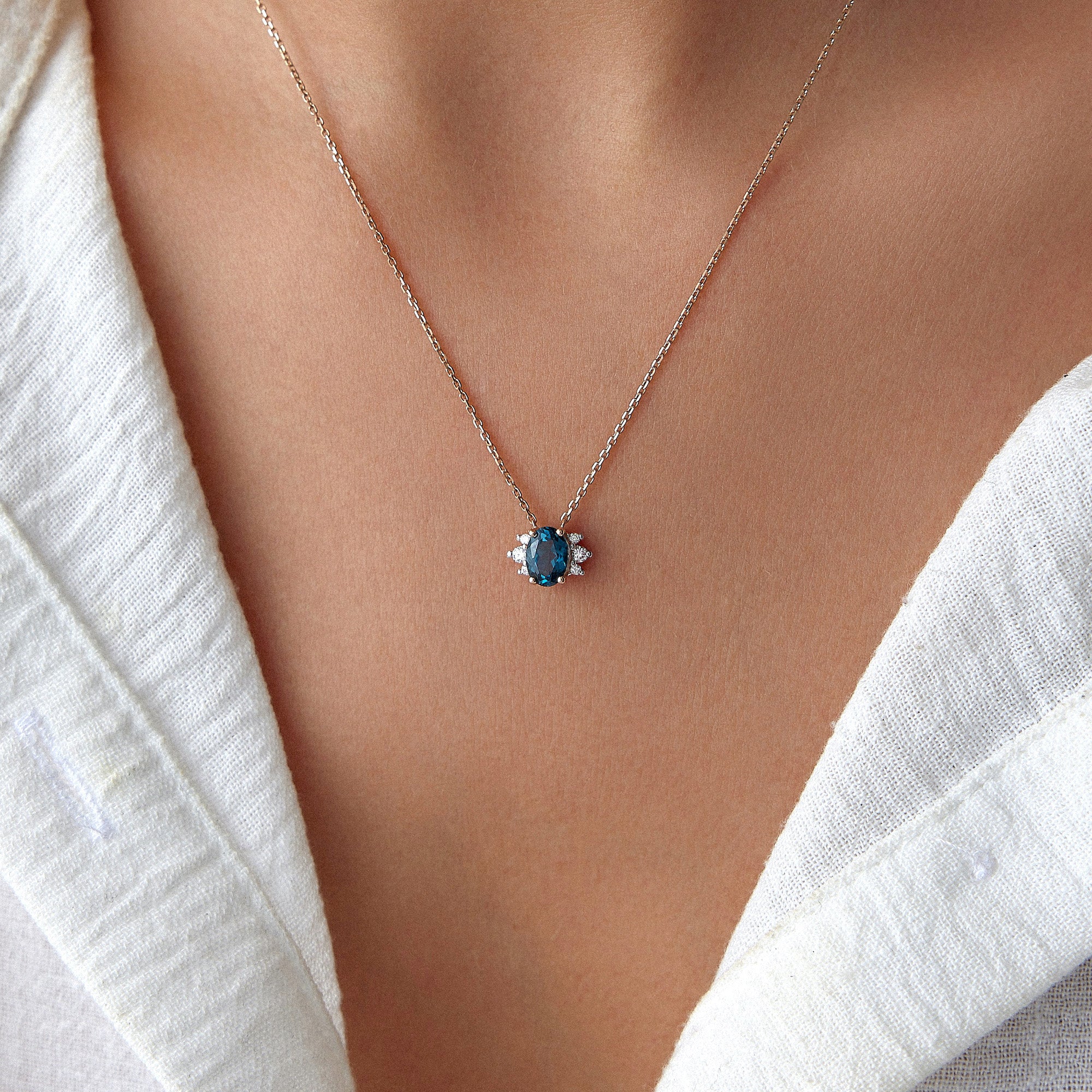 London Blue Topaz and Diamond Necklace in 14K Gold
