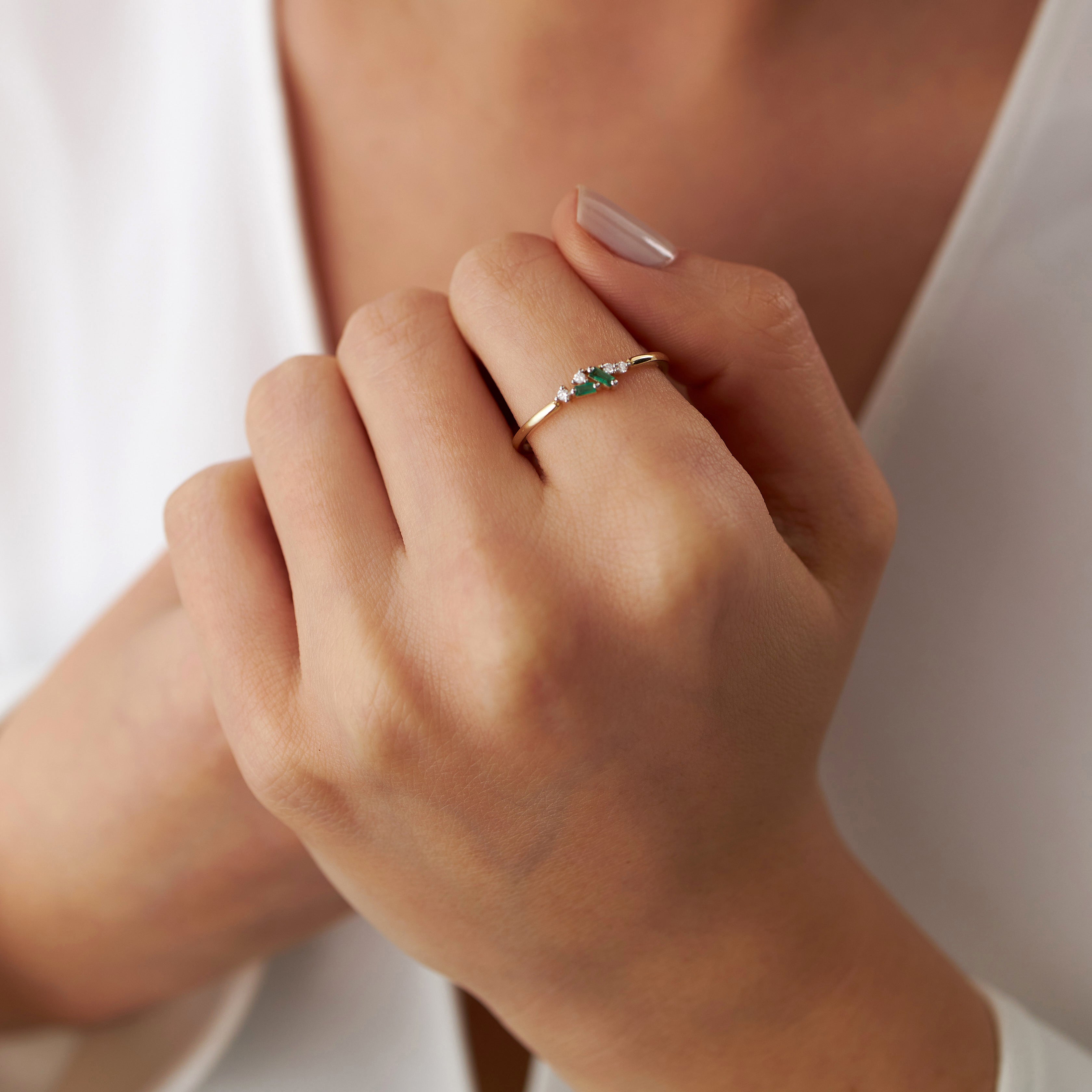 Dainty Diamond and Emerald Ring in 14K Gold