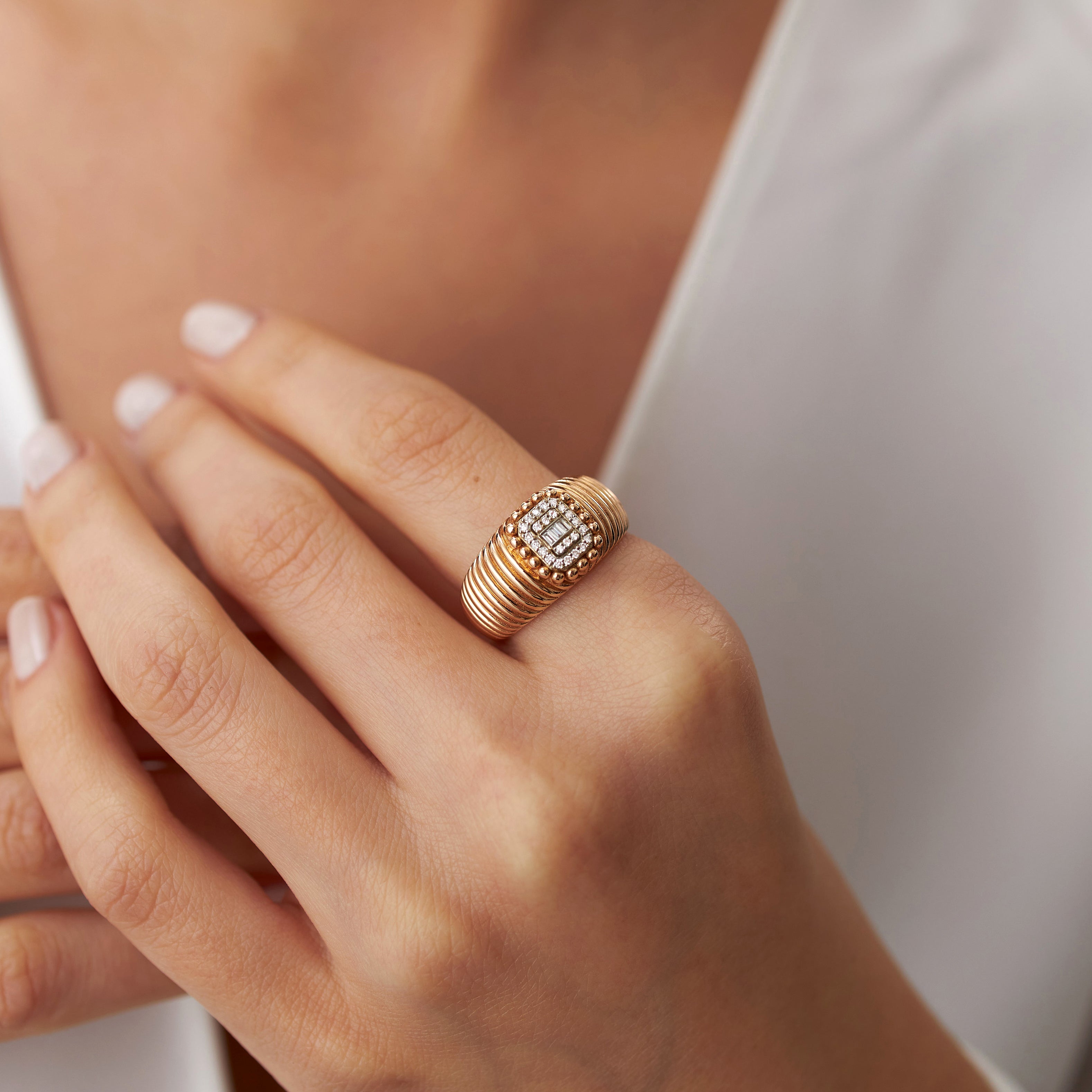 Textured Baguette Diamond Ring in 14K Gold