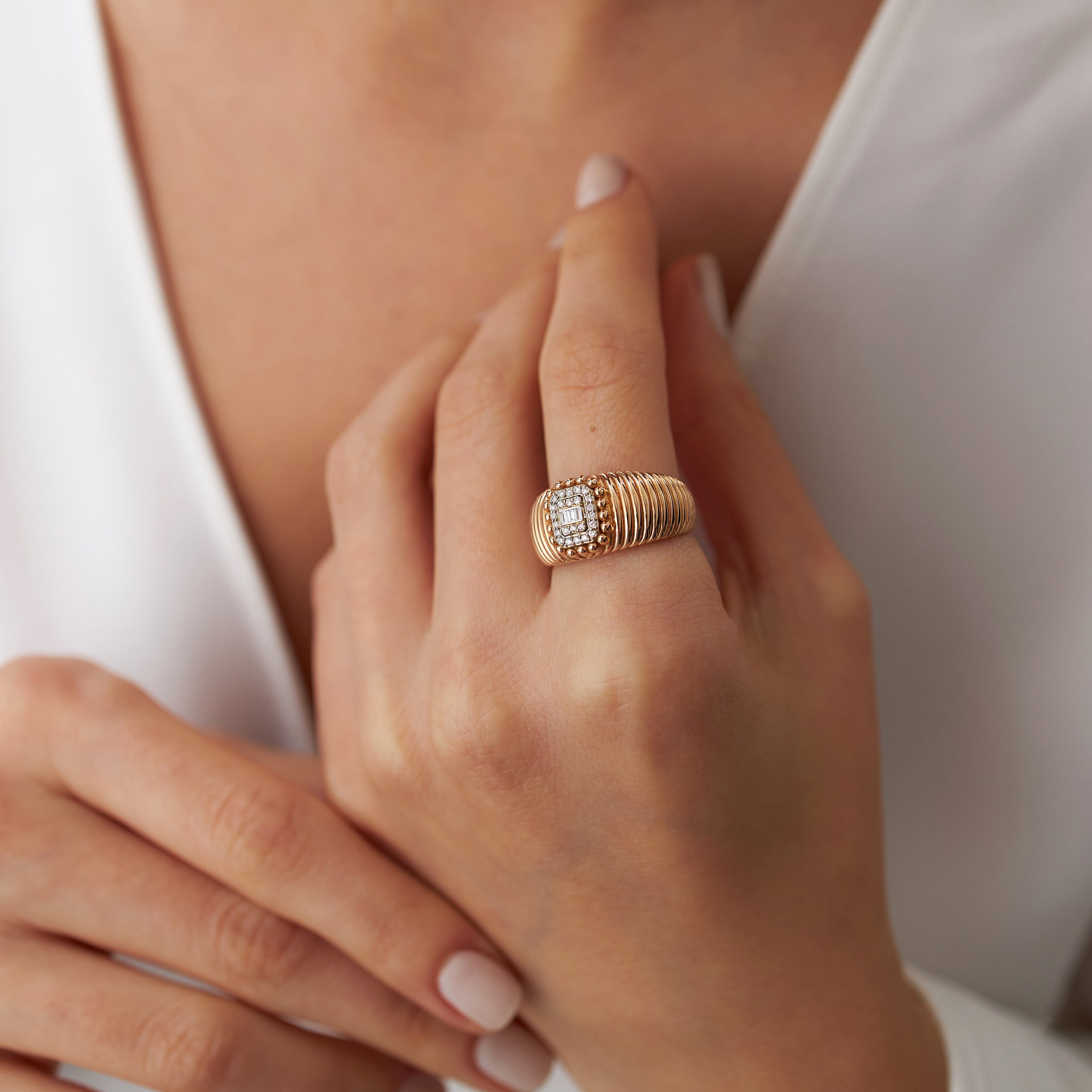 Textured Baguette Diamond Ring in 14K Gold