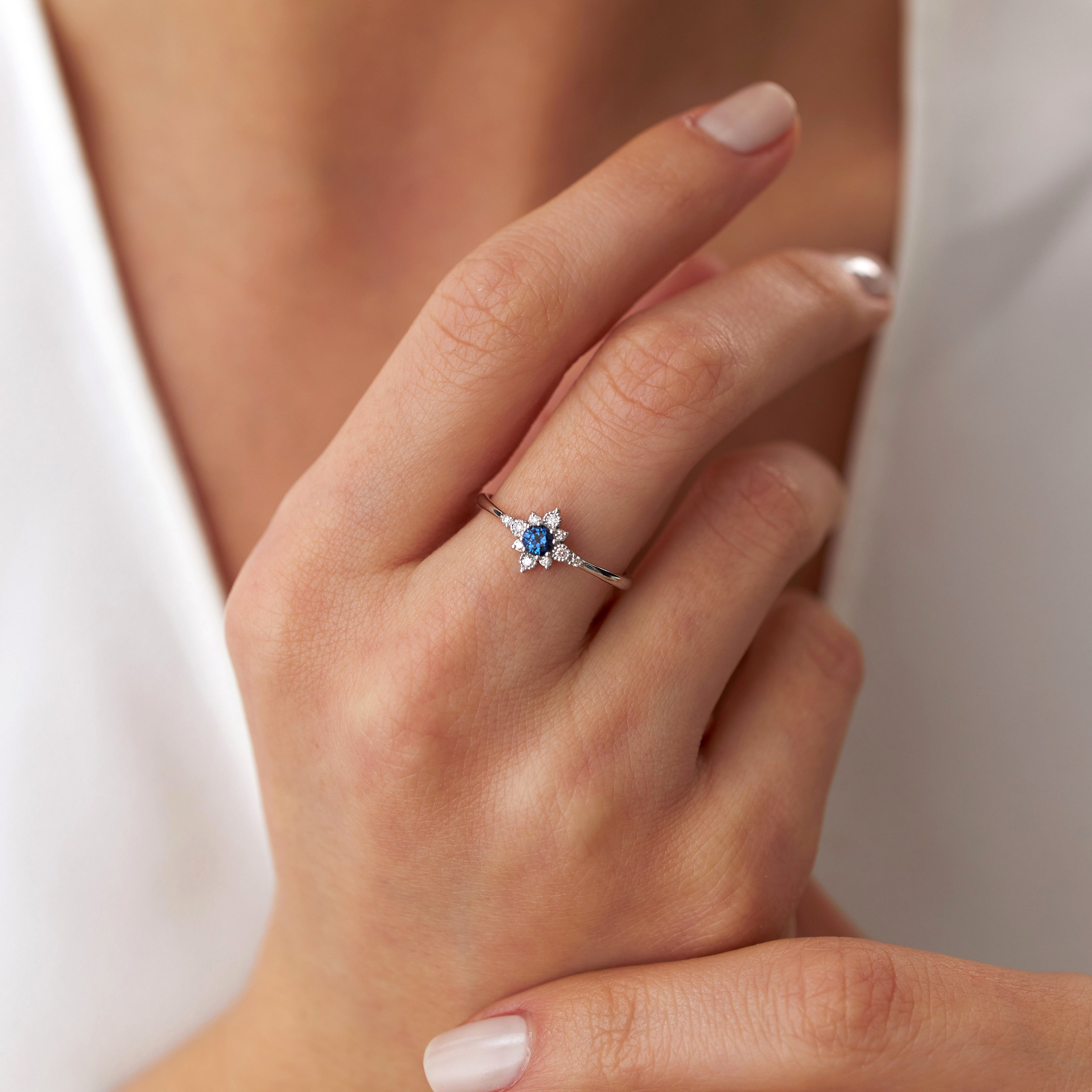 Blue Sapphire and Diamond North Star Ring in 14K Gold