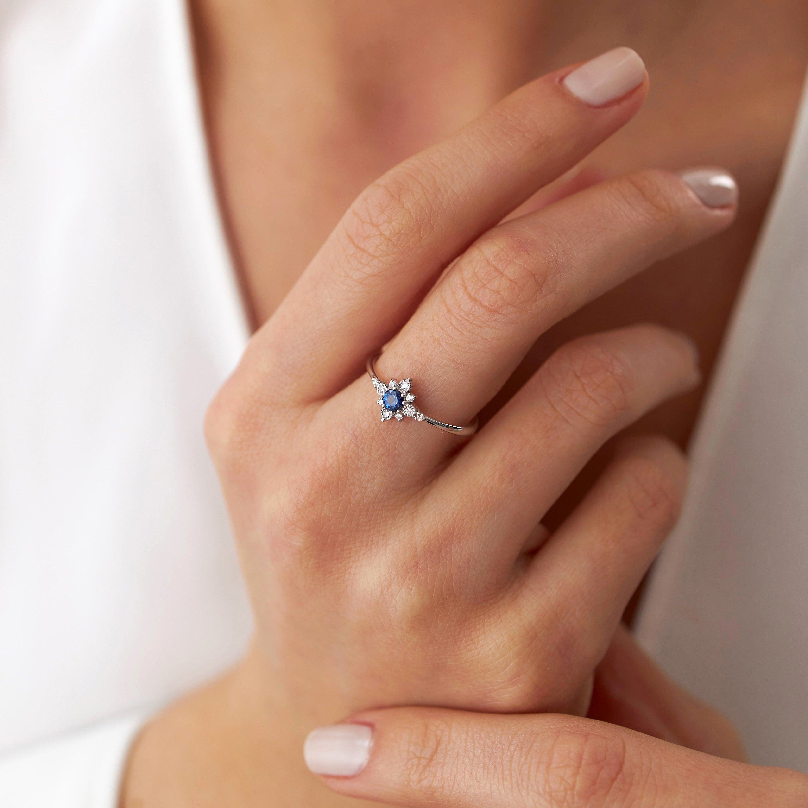 Blue Sapphire and Diamond North Star Ring in 14K Gold
