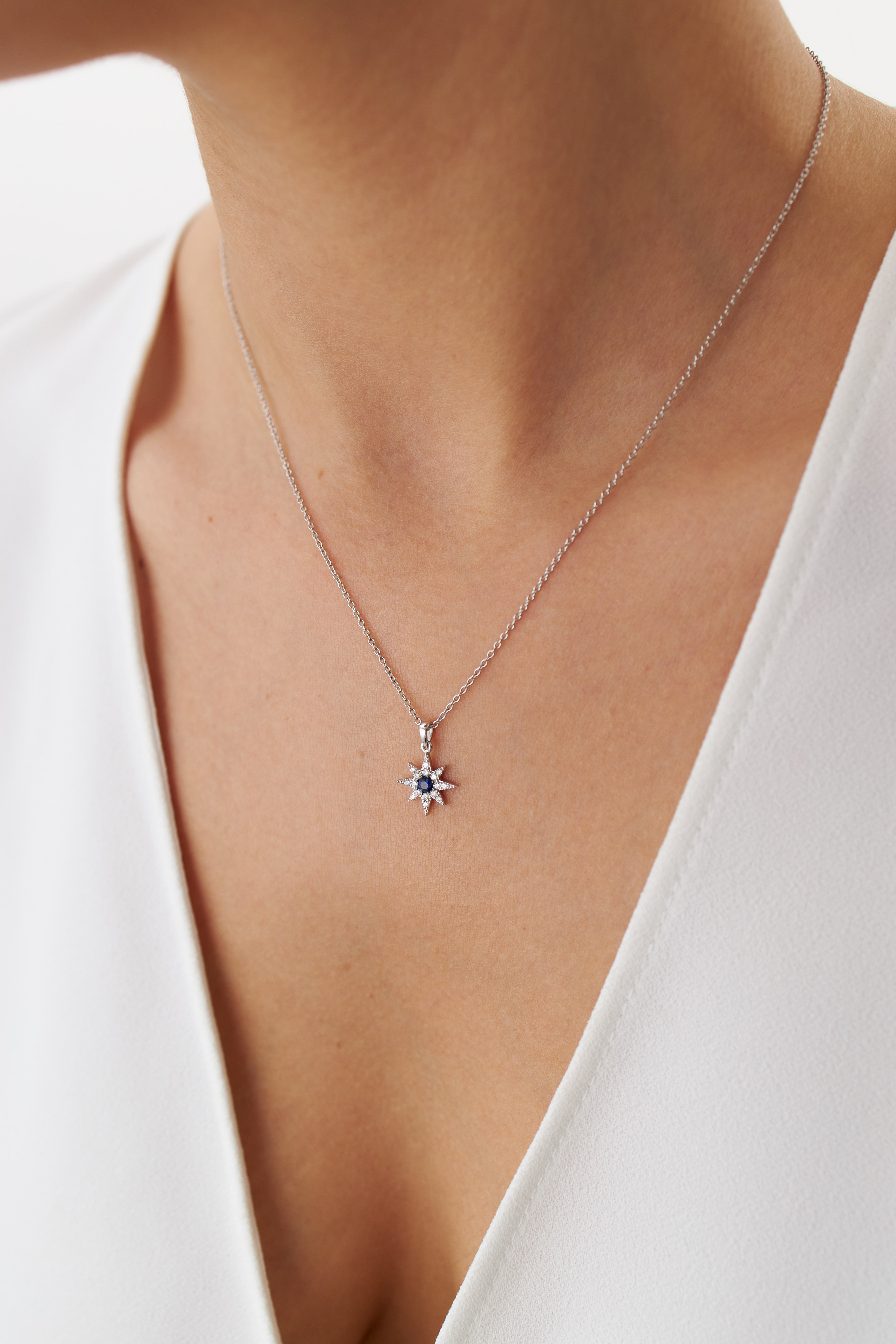 Sapphire and Diamond North Star Necklace Available in 14K and 18K Gold