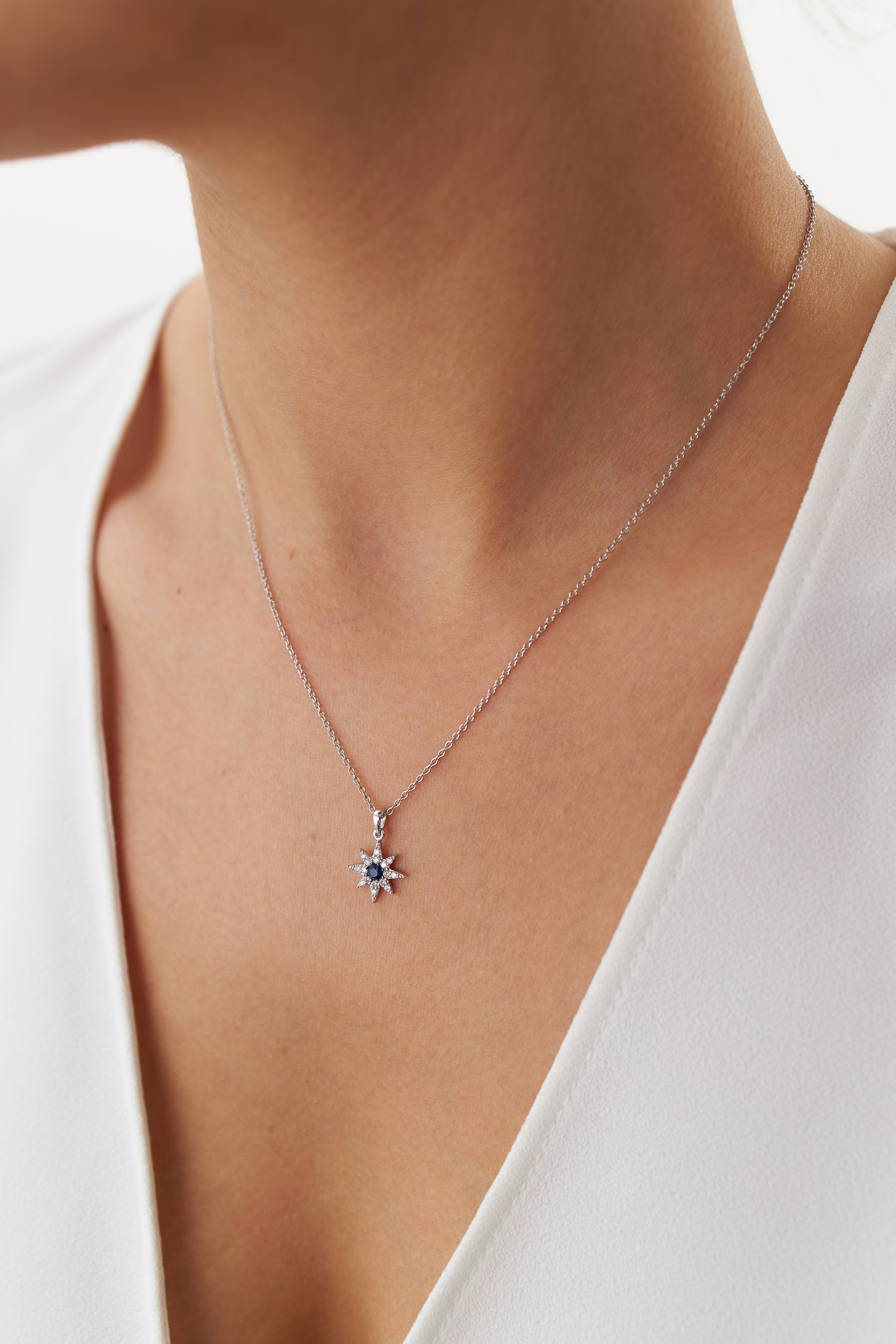 Sapphire and Diamond North Star Necklace Available in 14K and 18K Gold