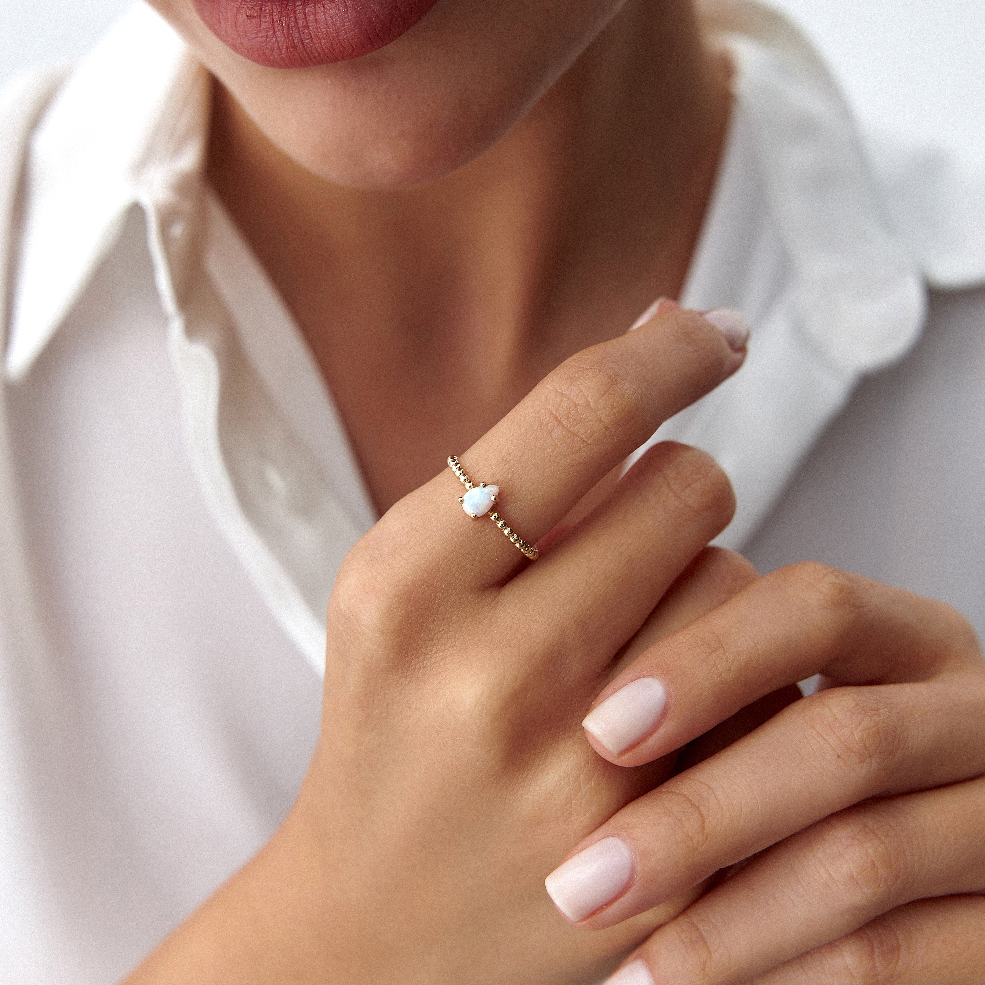 Beaded Opal Drop Ring in 14K Gold