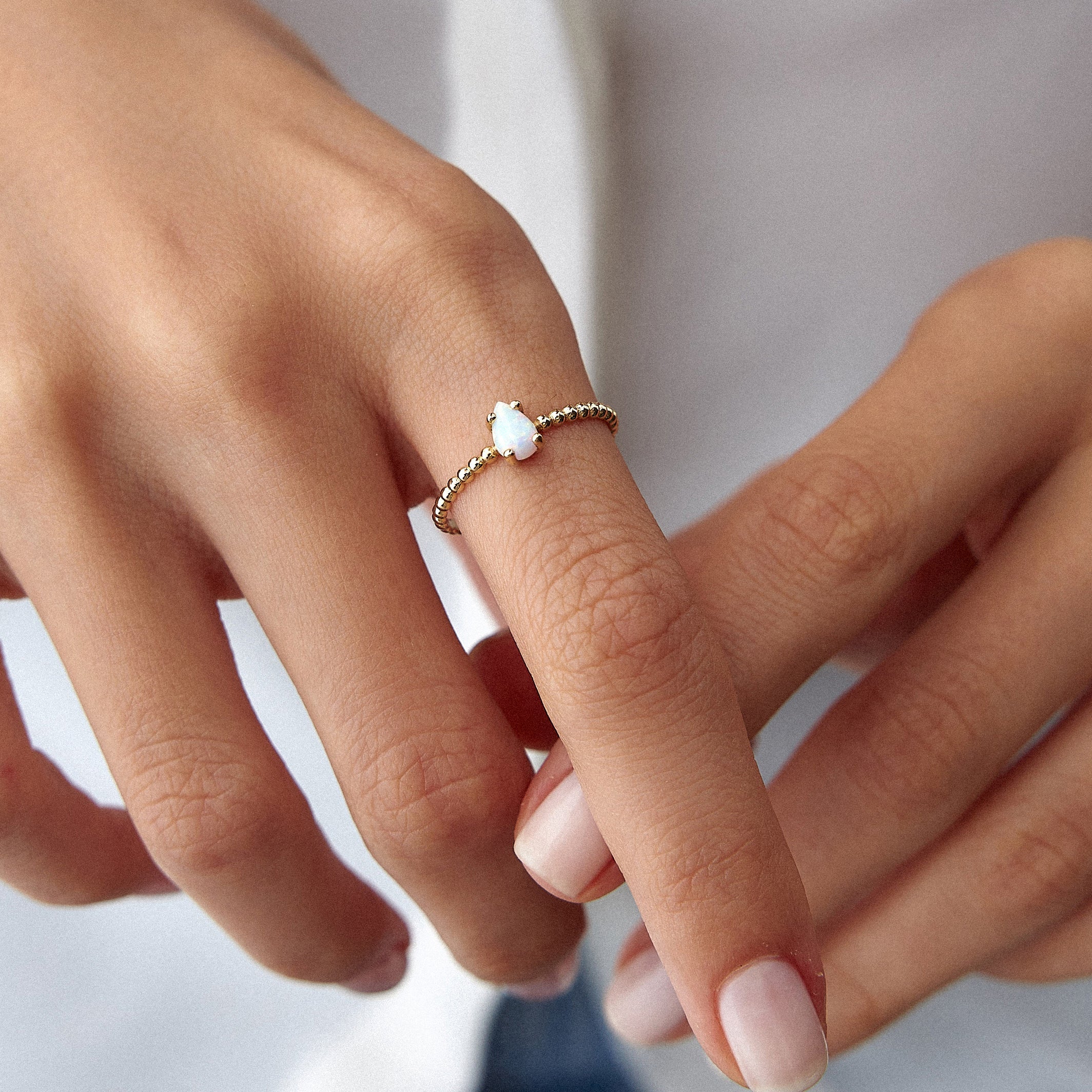 Beaded Opal Drop Ring in 14K Gold