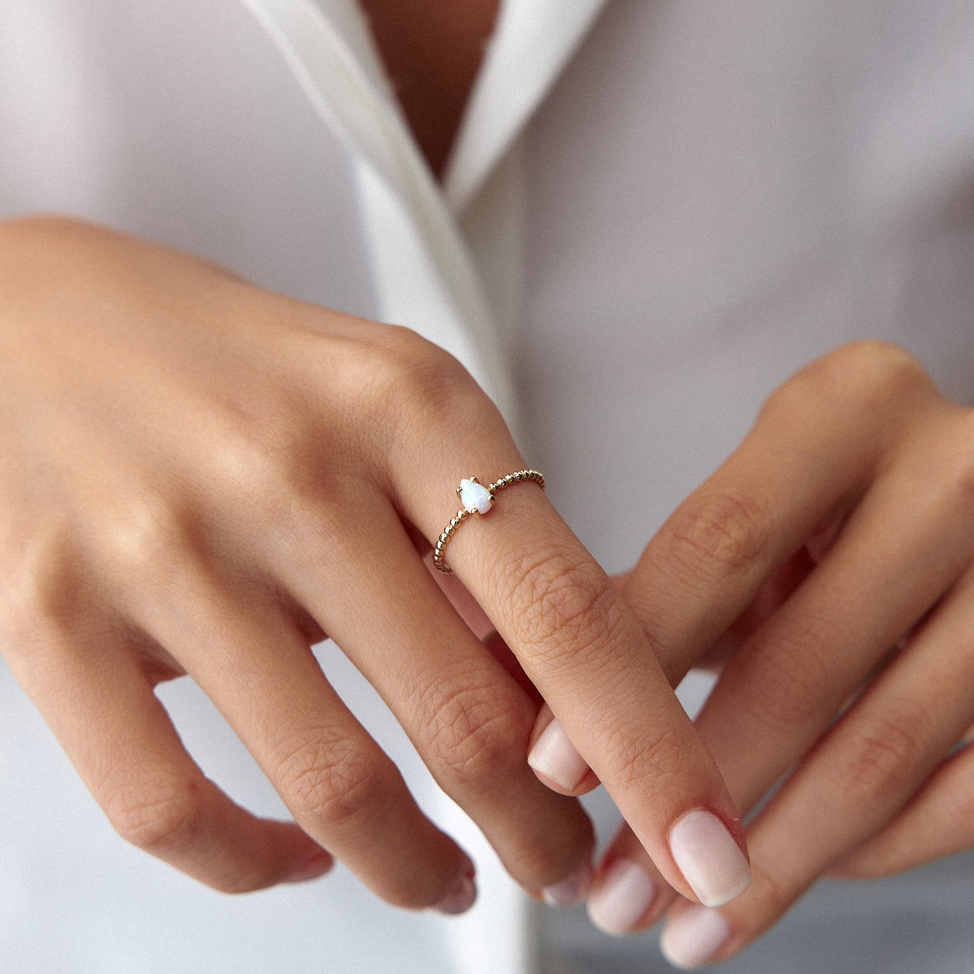 Beaded Opal Drop Ring in 14K Gold